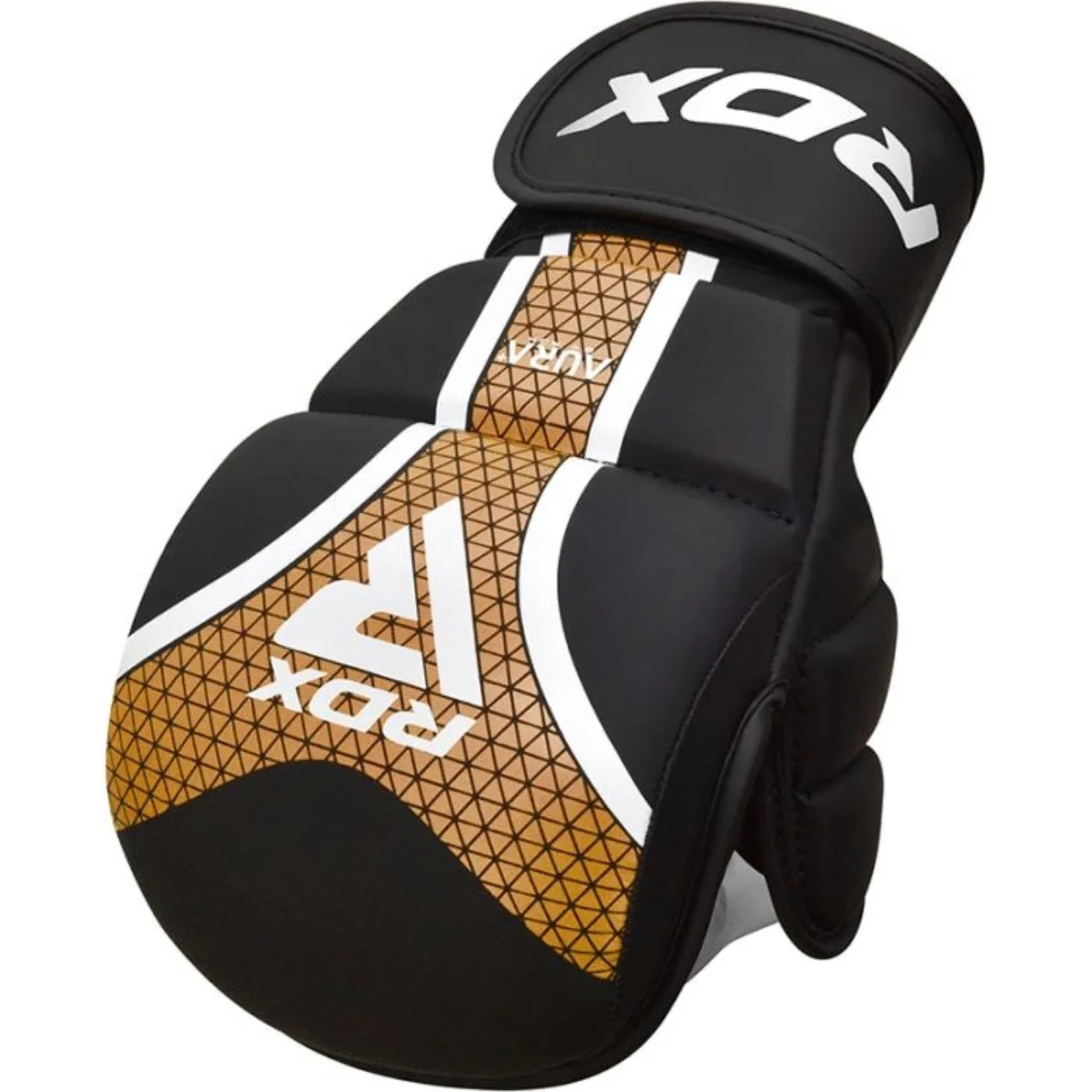 Black and gold RDX Aura focus mitt. White, hexagonal design. White background.