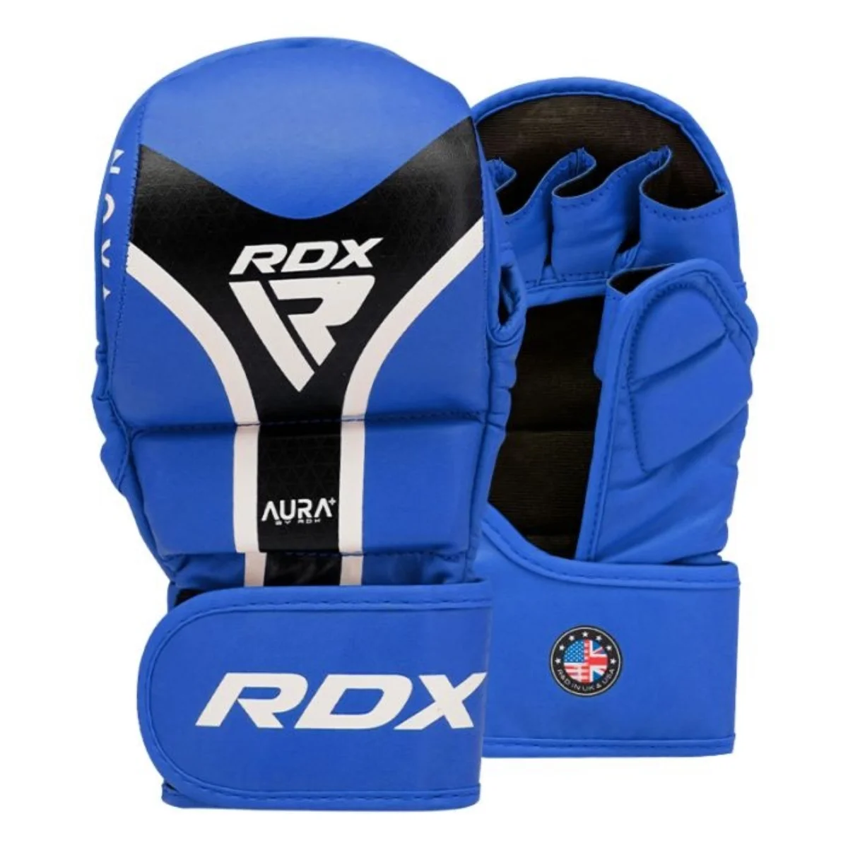 Blue MMA gloves with RDX logo. White and black design. White background.
