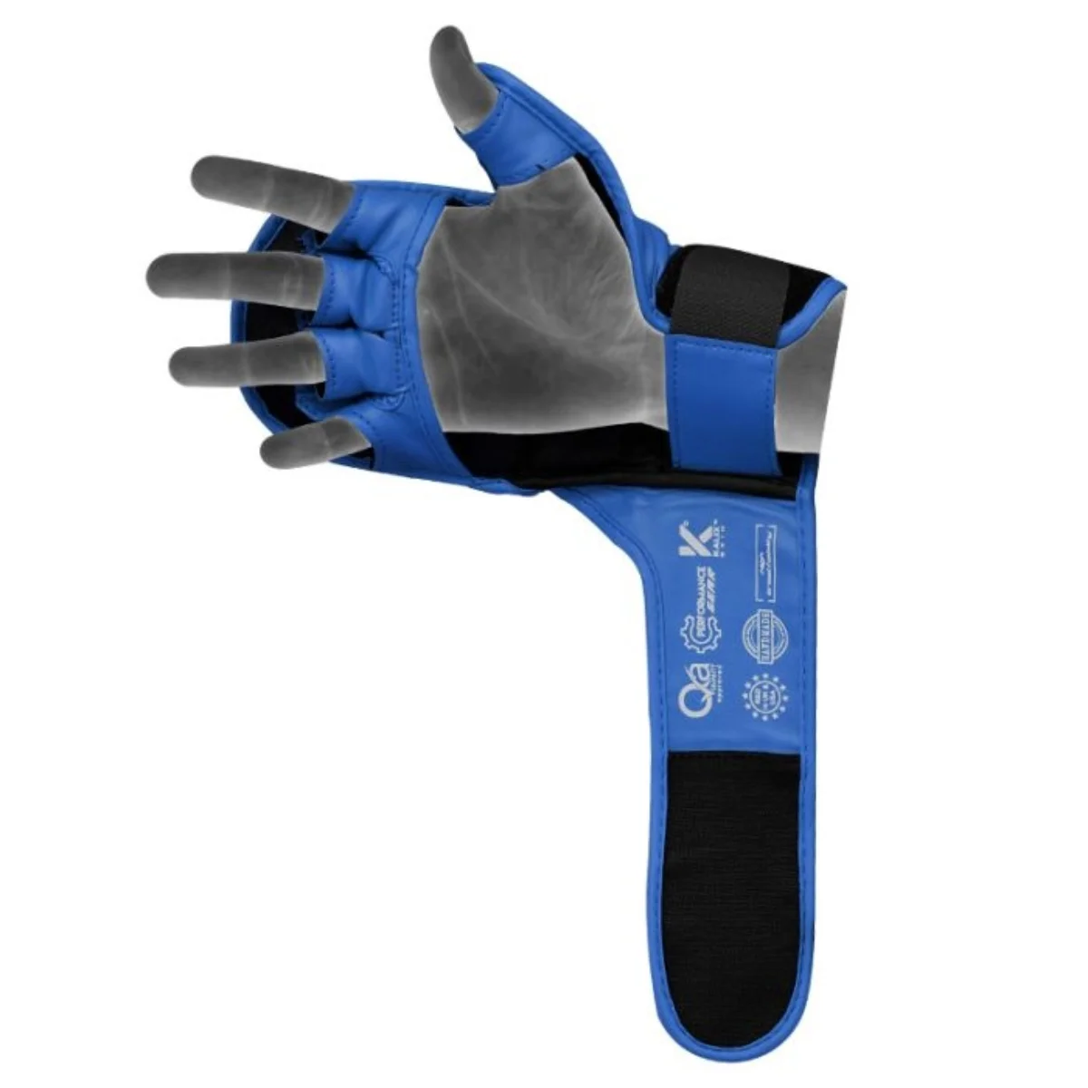 Blue and black glove with wrist support, holding a hand with gray fingers. Isolated on white.