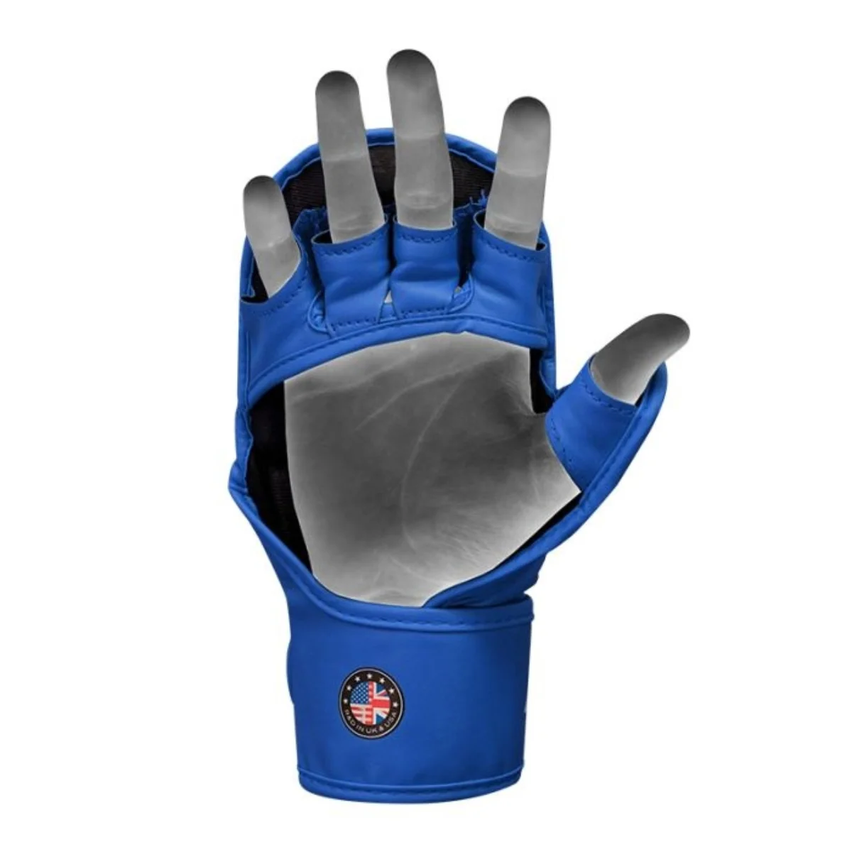 Blue and black glove with open fingers, holding a hand with gray fingers. Isolated on white.