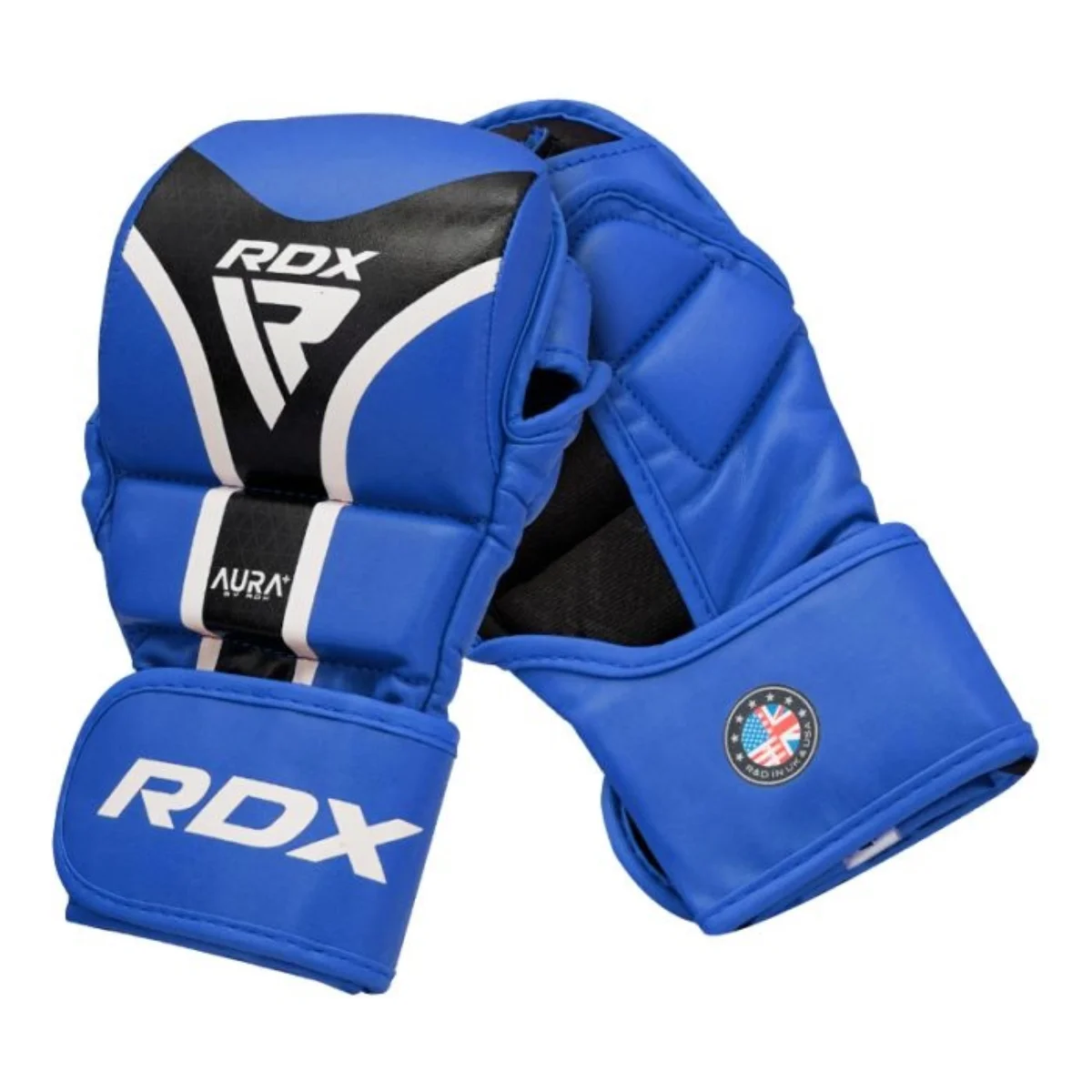 Blue MMA gloves with 'RDX', 'AURA', and a US flag logo on a white background.