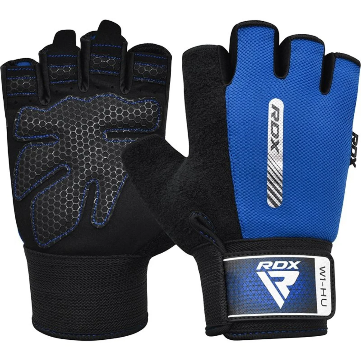 Gants d'haltérophilie bleus et noirs. Le logo RDX et une sangle de poignet sont visibles.