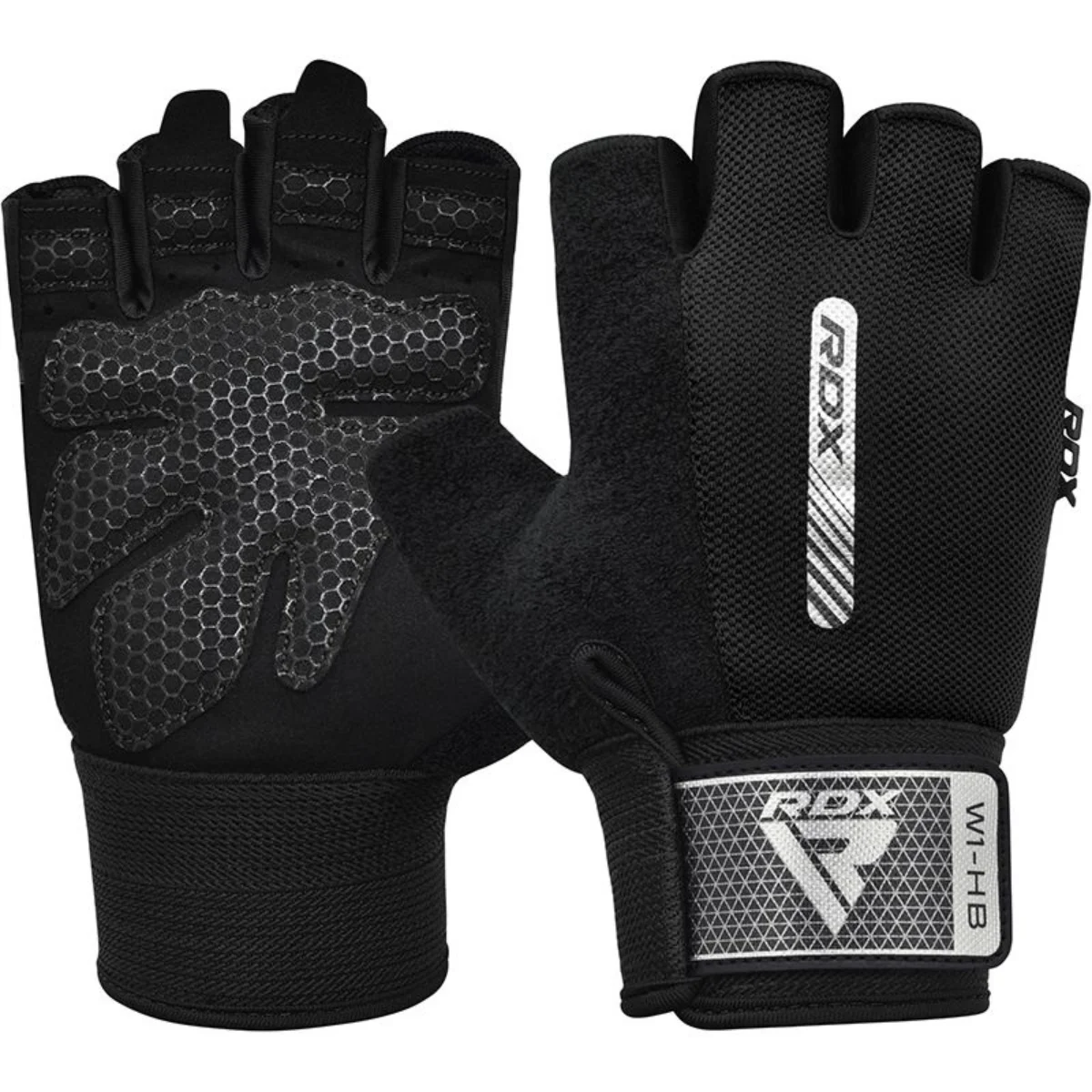 Paire de gants d'entraînement noirs avec logo RDX et bouts de doigts noirs, isolé.