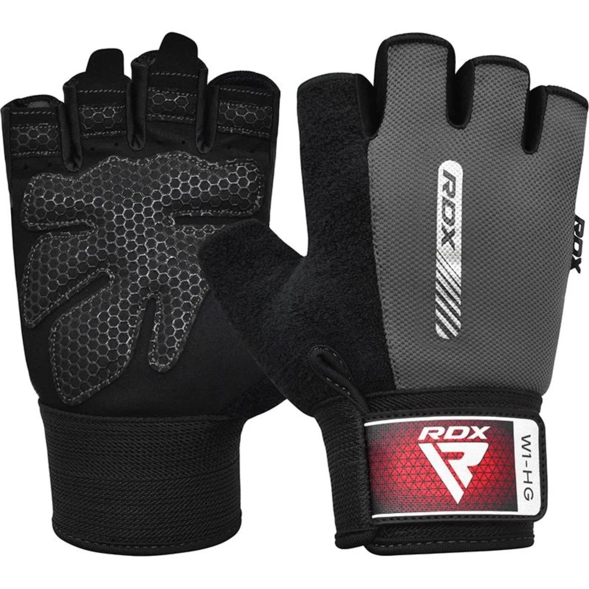 Gants d'entraînement noirs et gris avec logo RDX, fond blanc. Une paire de gants.