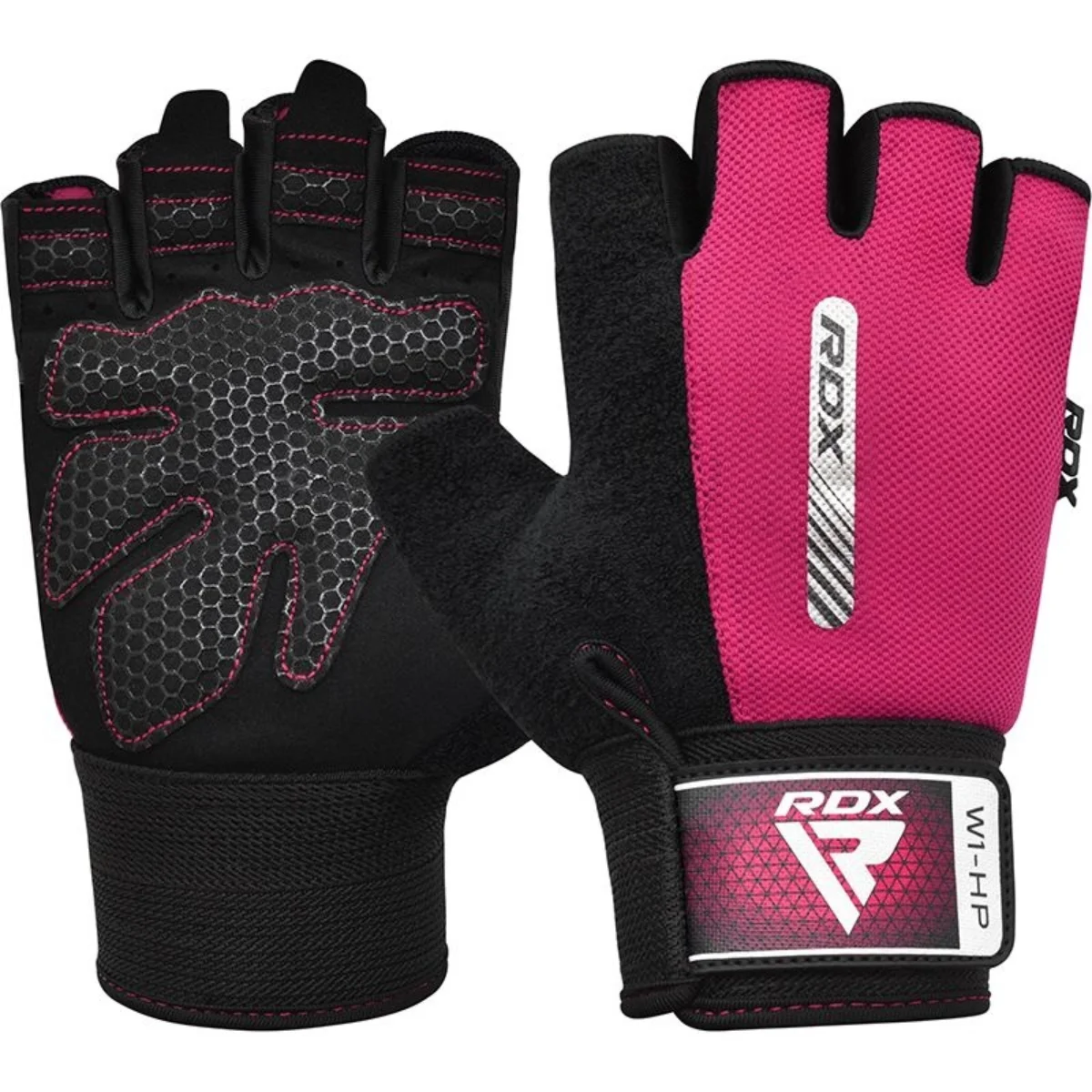 Paire de gants d'entraînement roses et noirs avec logo RDX et bouts de doigts noirs, isolé.