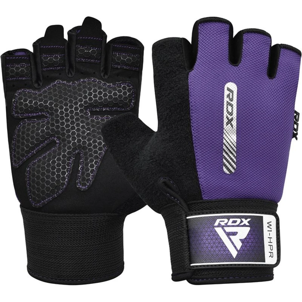 Paire de gants d'entraînement violets et noirs avec logo RDX et bouts de doigts noirs.