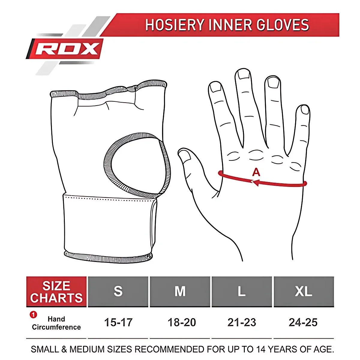 Maattabel voor binnenhandschoenen voor kousen. Toont maten S t/m XL en handomtrekmetingen.