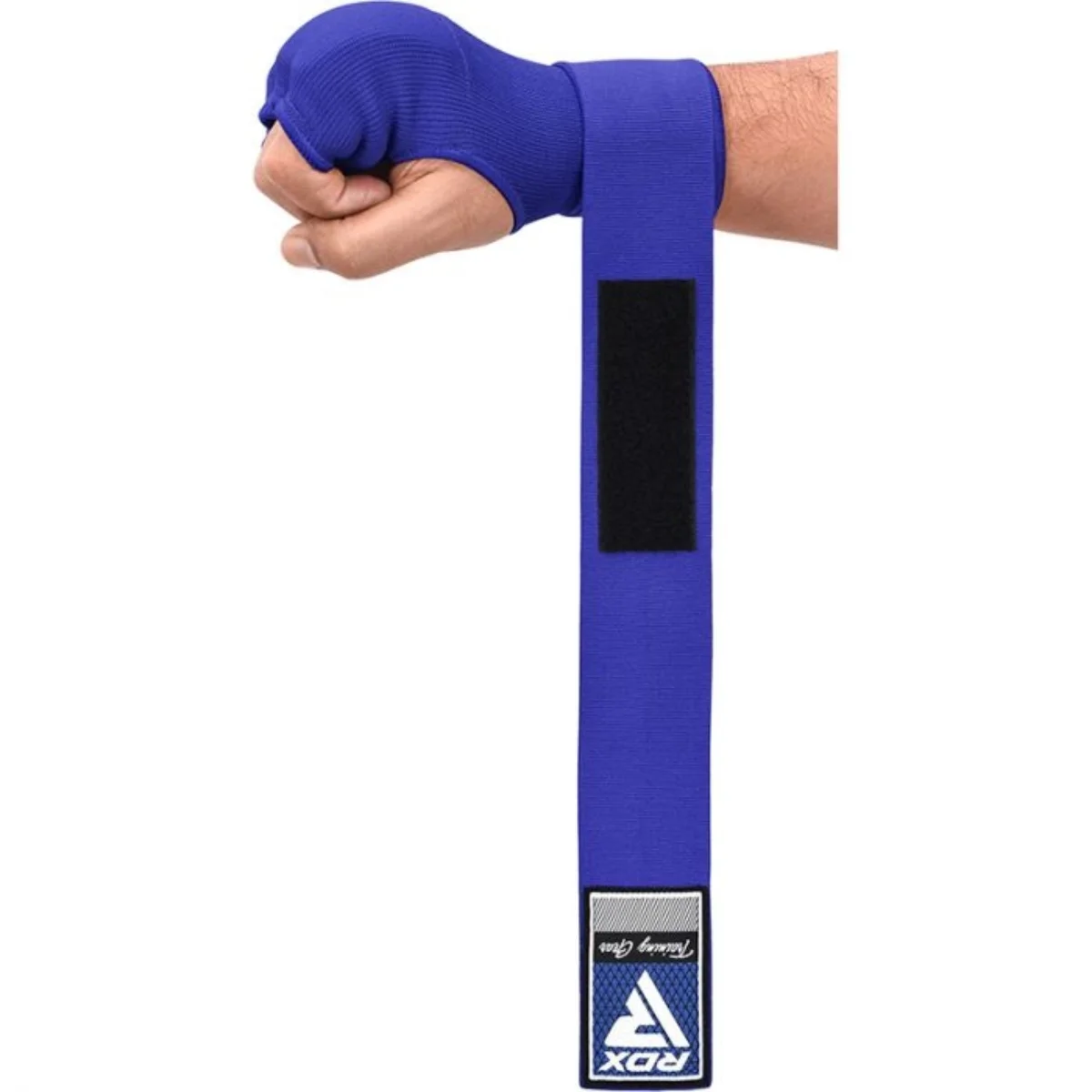 A blue boxing hand wrap with a velcro closure, wrapped around a fist. White background.