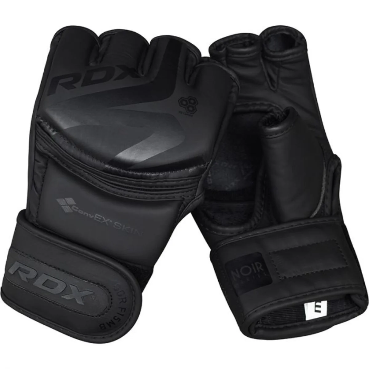 Gants de MMA RDX noirs. Les gants sont ouverts et portent le mot 'NOIR' sur la sangle de poignet.
