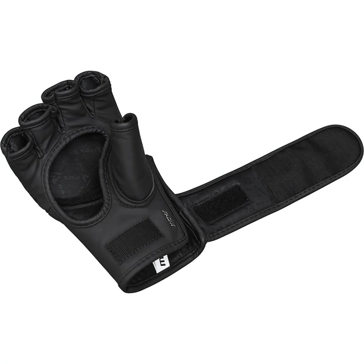 Gant de boxe noir, intérieur visible, avec une sangle de poignet. L'étiquette de taille est à l'intérieur.