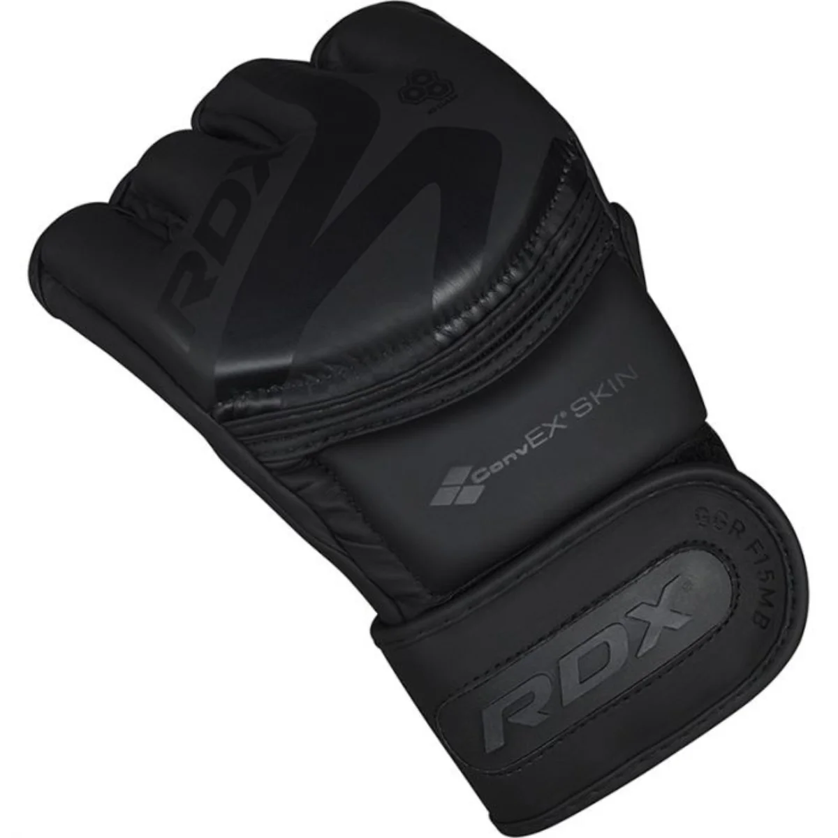 Gant MMA noir avec logos RDX et Convex Skin, isolé.