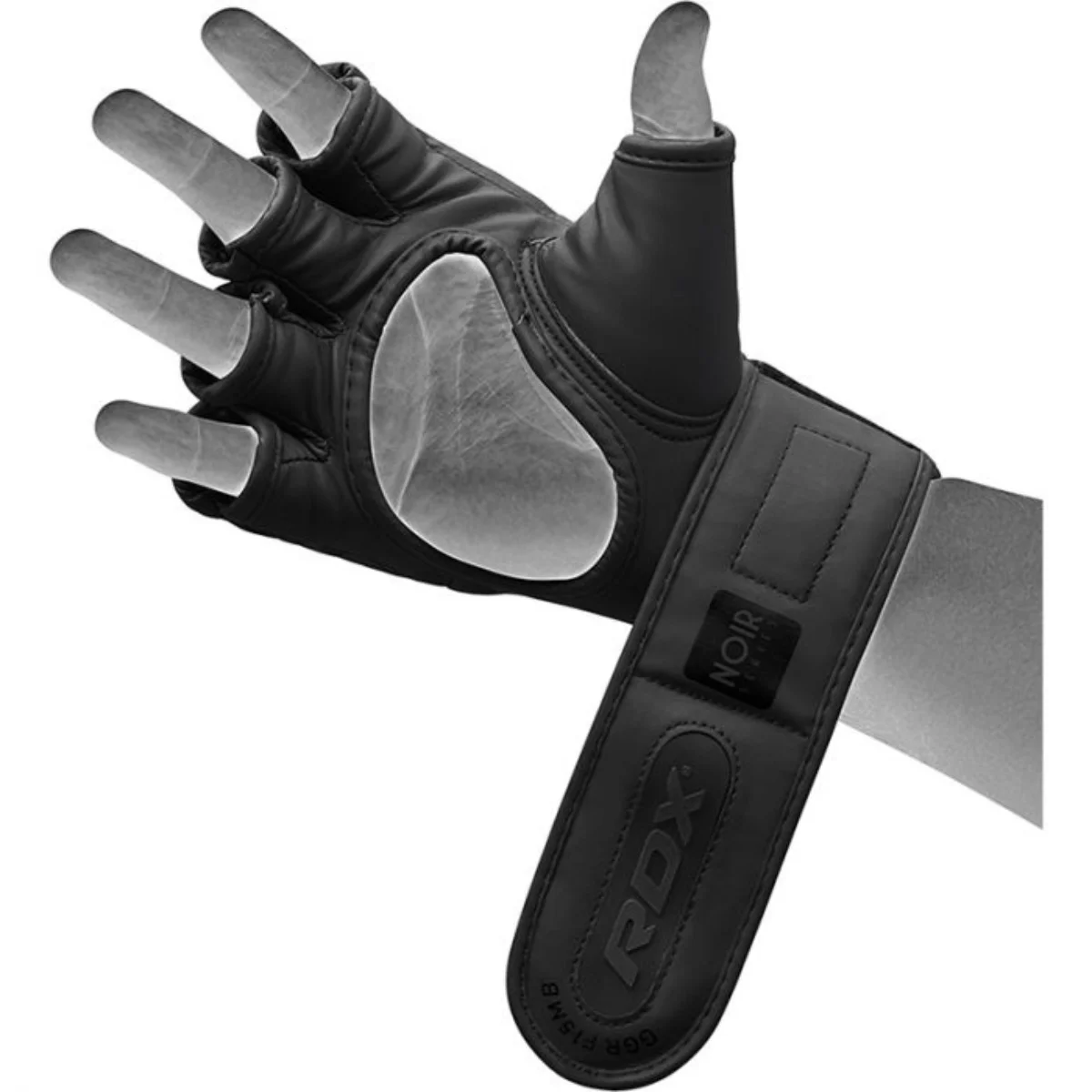 Gants d'haltérophilie noirs, doigts ouverts, avec support poignet, sur fond blanc.