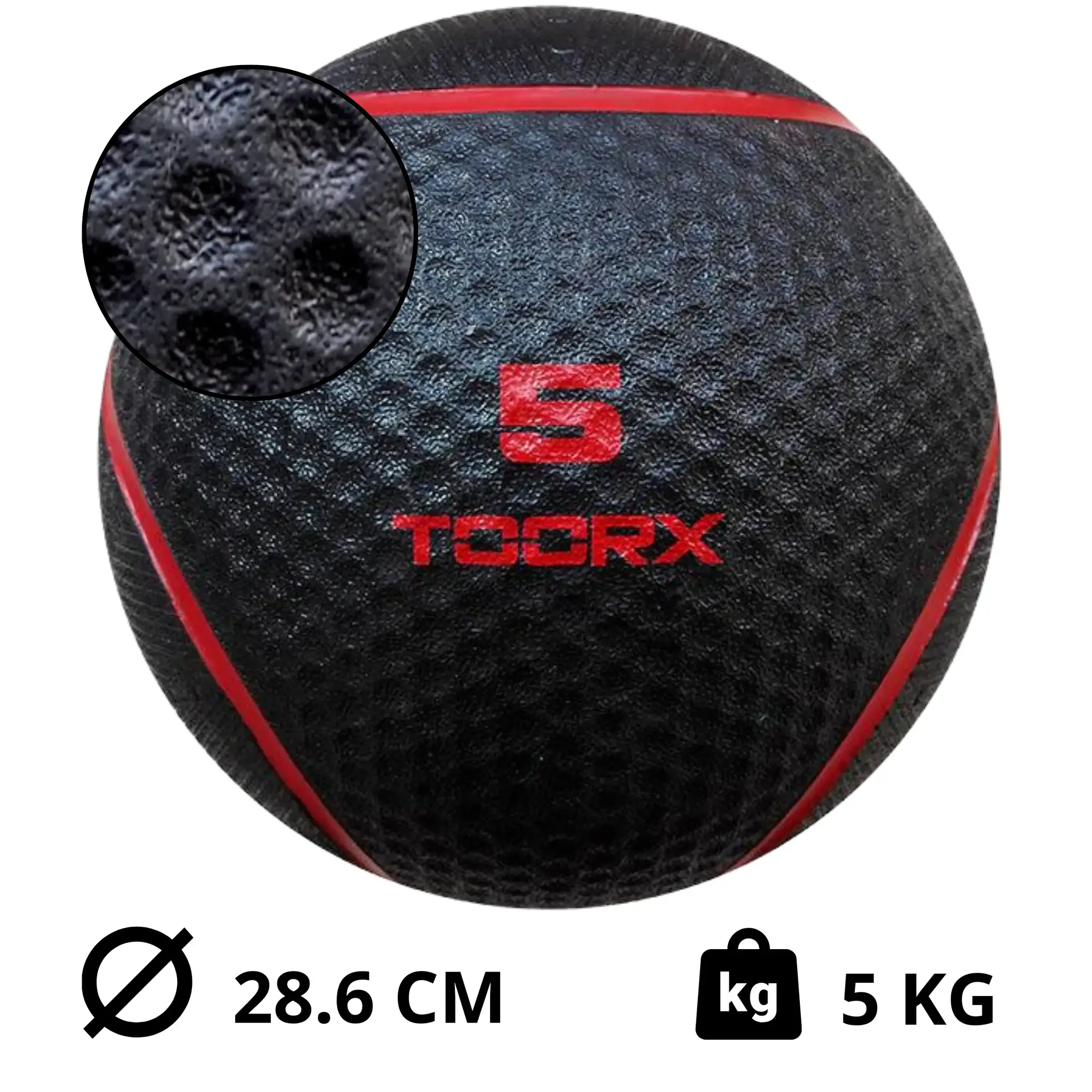 Balle médicinale noire avec des lignes rouges et le chiffre 5. La marque TOORX est inscrite sur la balle.
