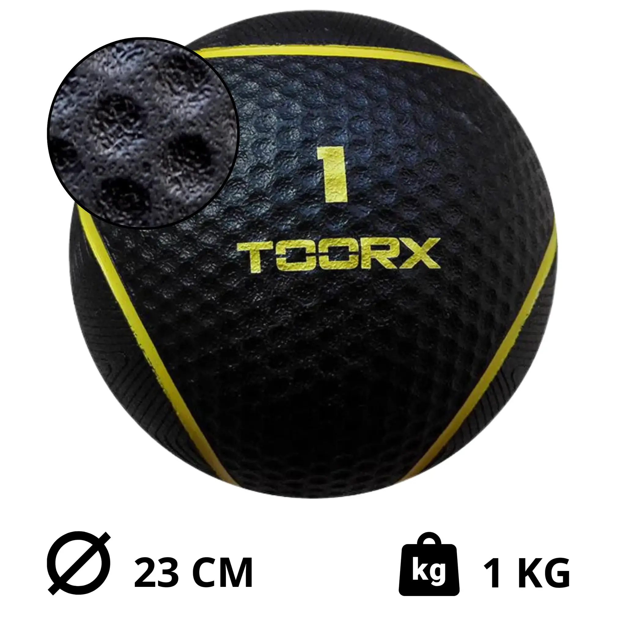 Ballon médicinal noir avec le numéro 1, logo TOORX et lignes jaunes. Avec un gros plan de la surface.