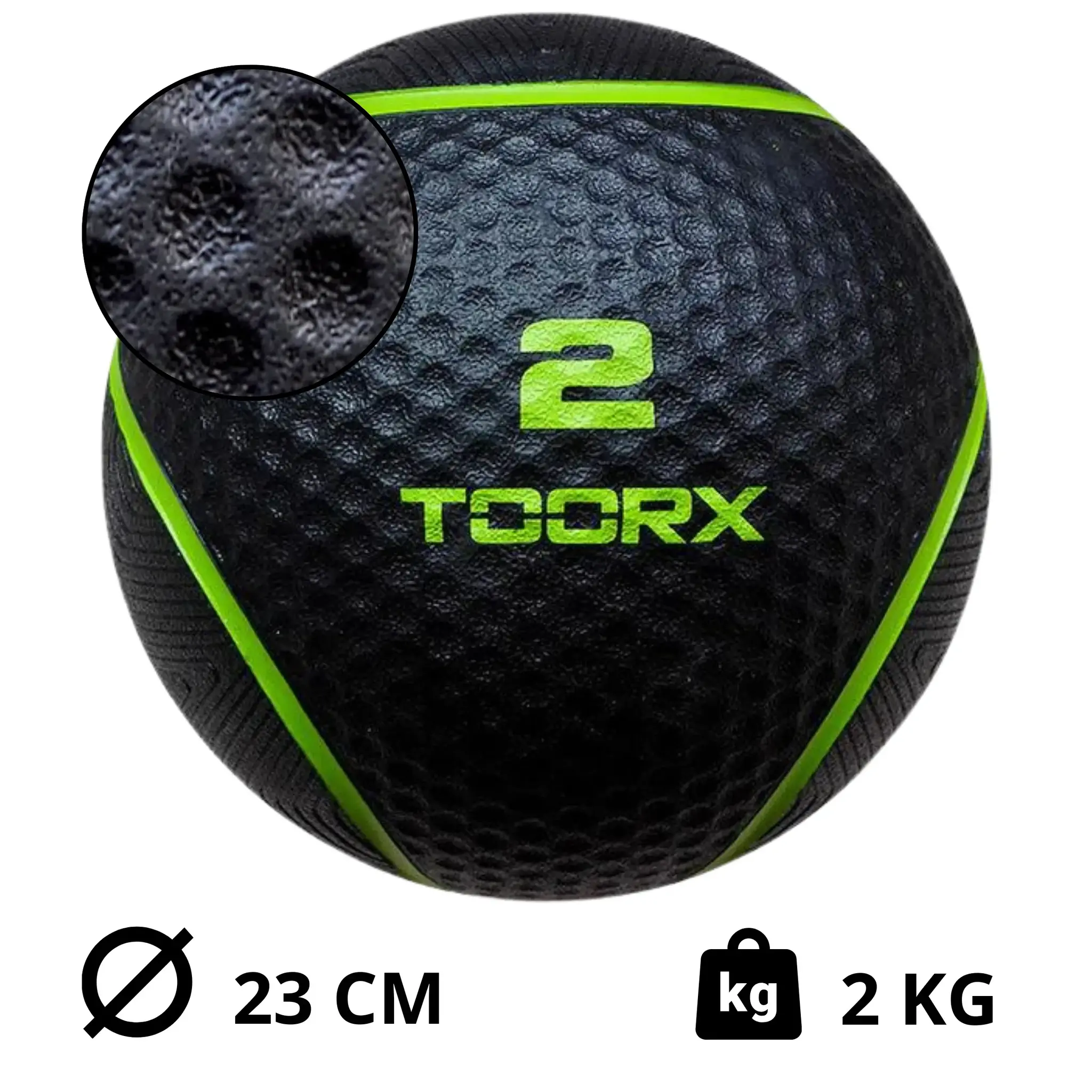 Ballon médicinal noir avec accents verts, '2' et 'TOORX', isolé sur fond blanc.
