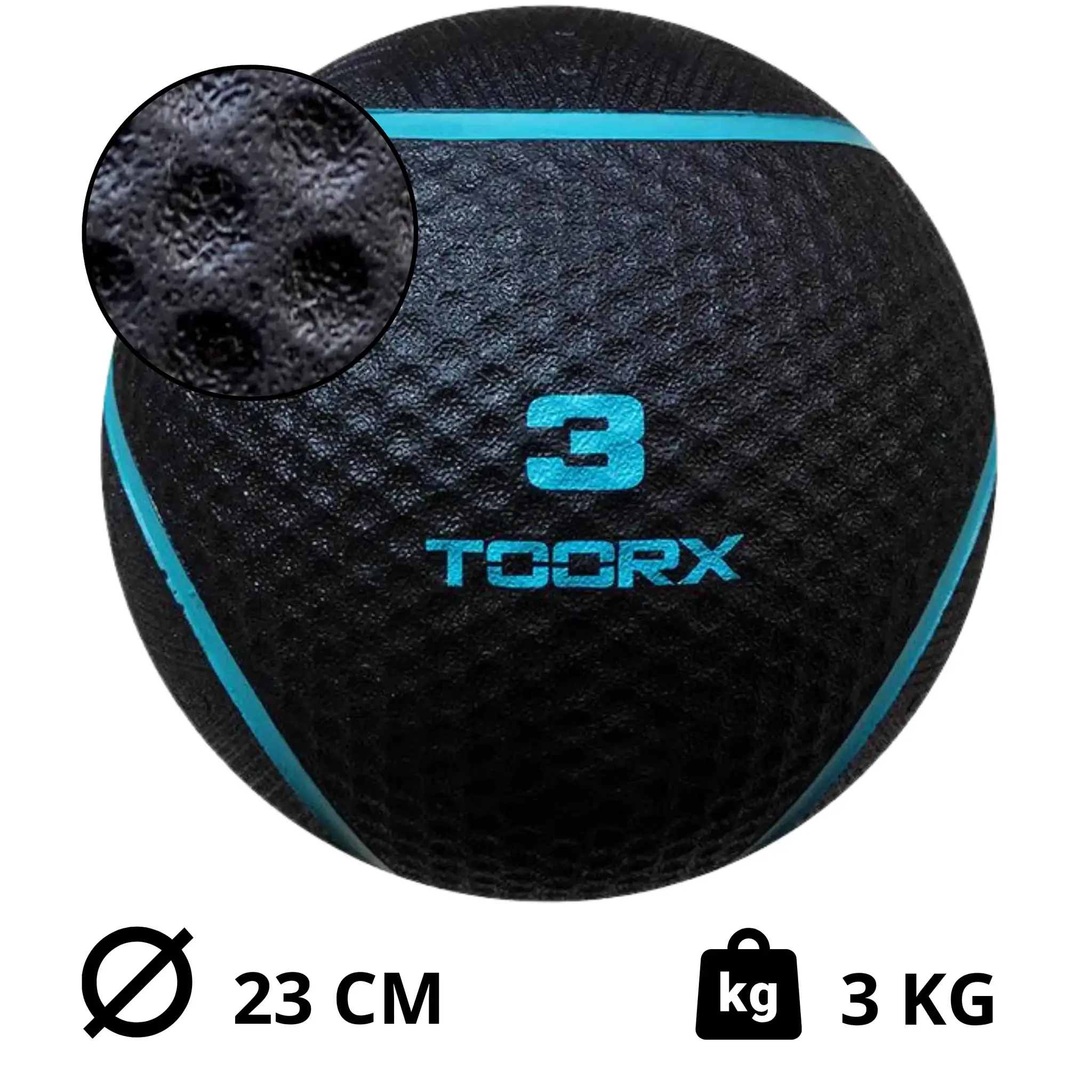 Ballon médicinal noir et sarcelle avec surface texturée. Logo TOCRX et 3 en sarcelle.