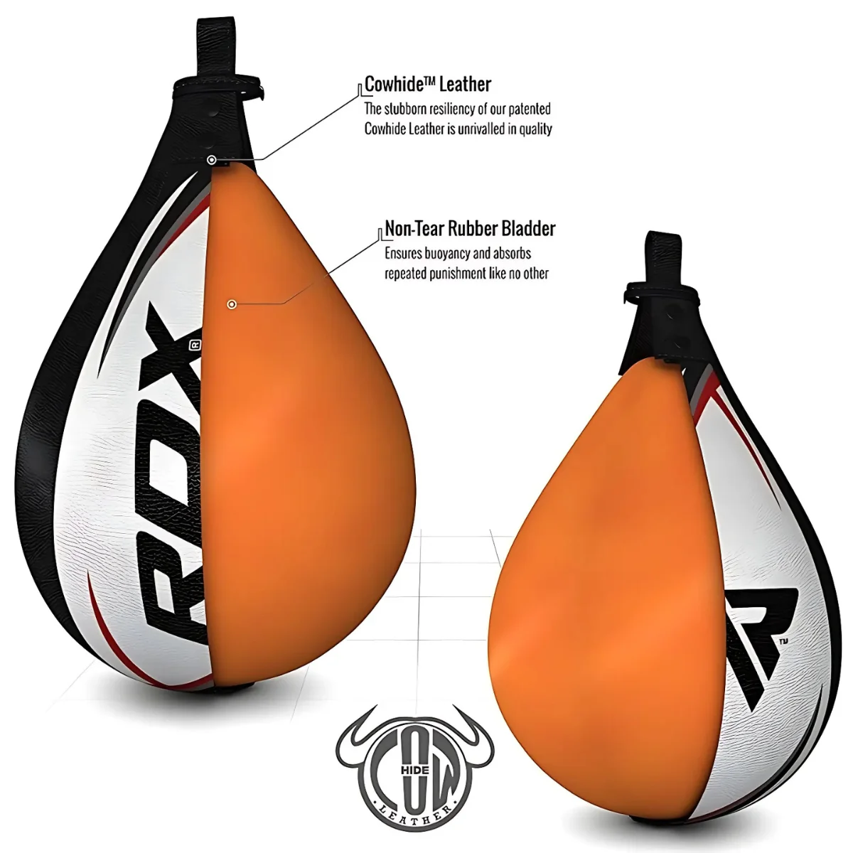 Two teardrop-shaped punching bags, cut to show the inner rubber bladder. Text labels the parts.