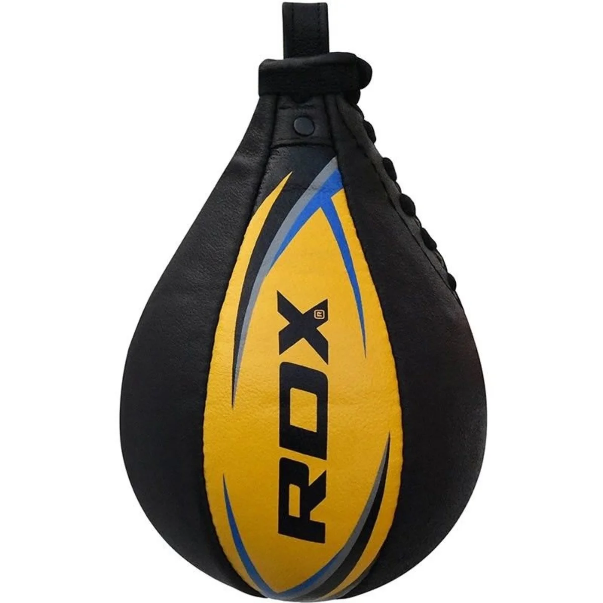 Black teardrop-shaped punching bag. Yellow and blue design. Brand name 'RDX' in bold letters. Black strap.