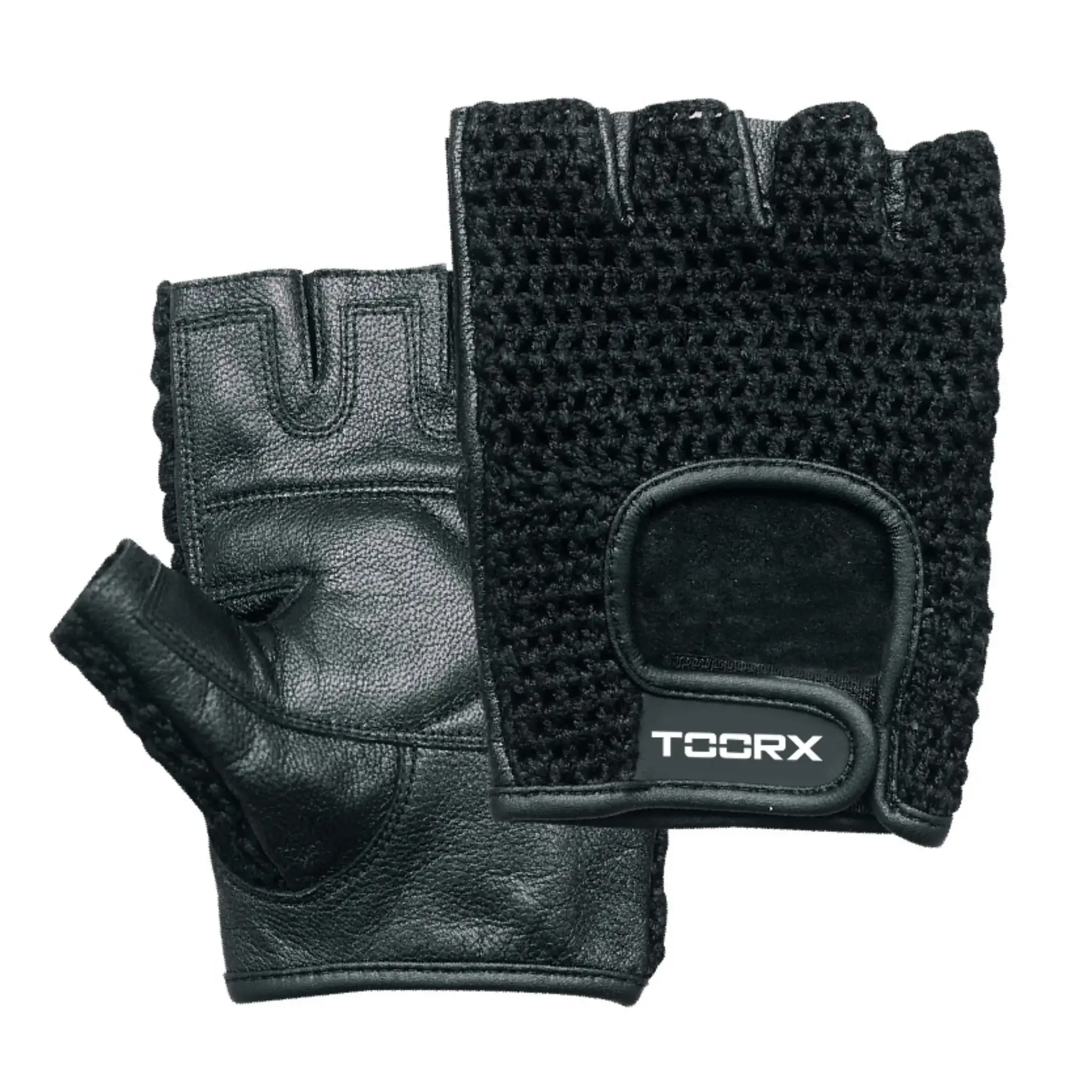Black leather fingerless workout gloves with the brand 'TOORX'.