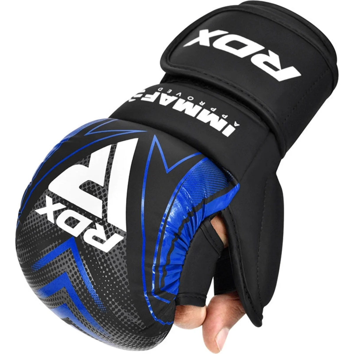 Black and blue mixed martial arts glove. RDX and IMMAF logos are visible. White background.
