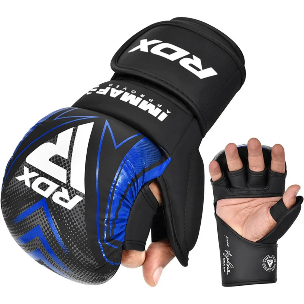 Black and blue boxing glove with 'RDX' logo. One glove is on a hand.
