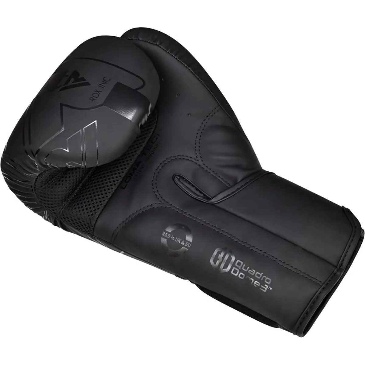 A black boxing glove with a mesh area and brand logo, angled right.