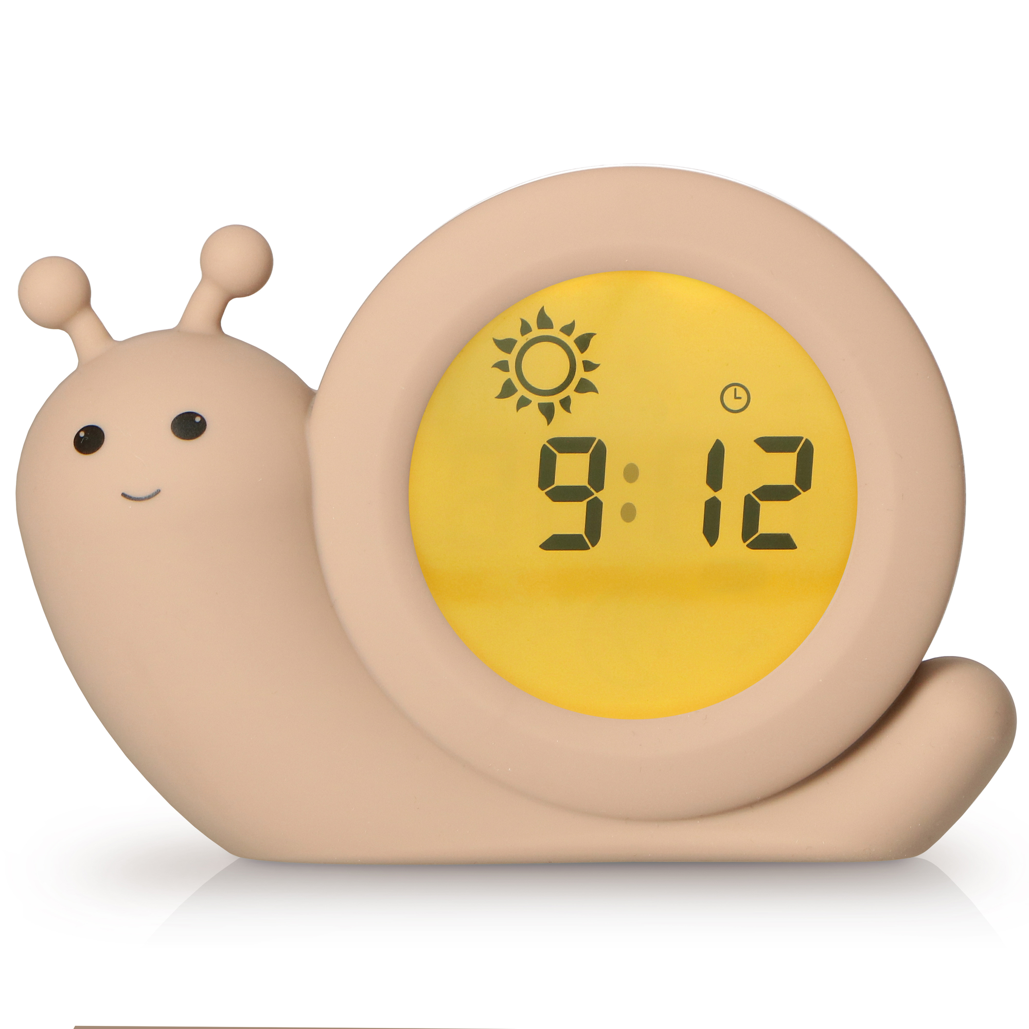 Snail-vormige wekker met een gele digitale display, met 9:12. Beige kleur.