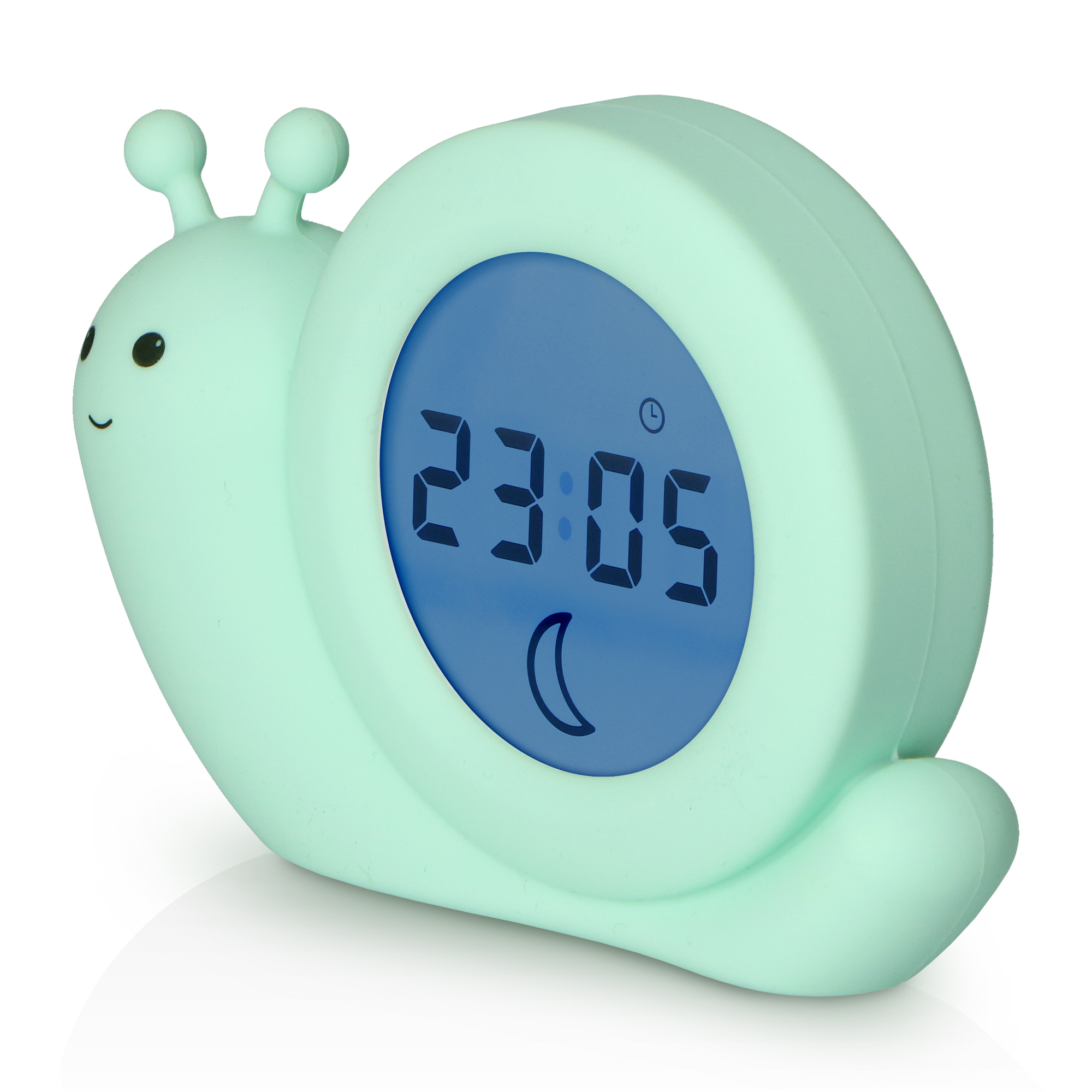 Une horloge en forme d'escargot vert menthe avec un affichage numérique indiquant 23:05 et un symbole de lune.