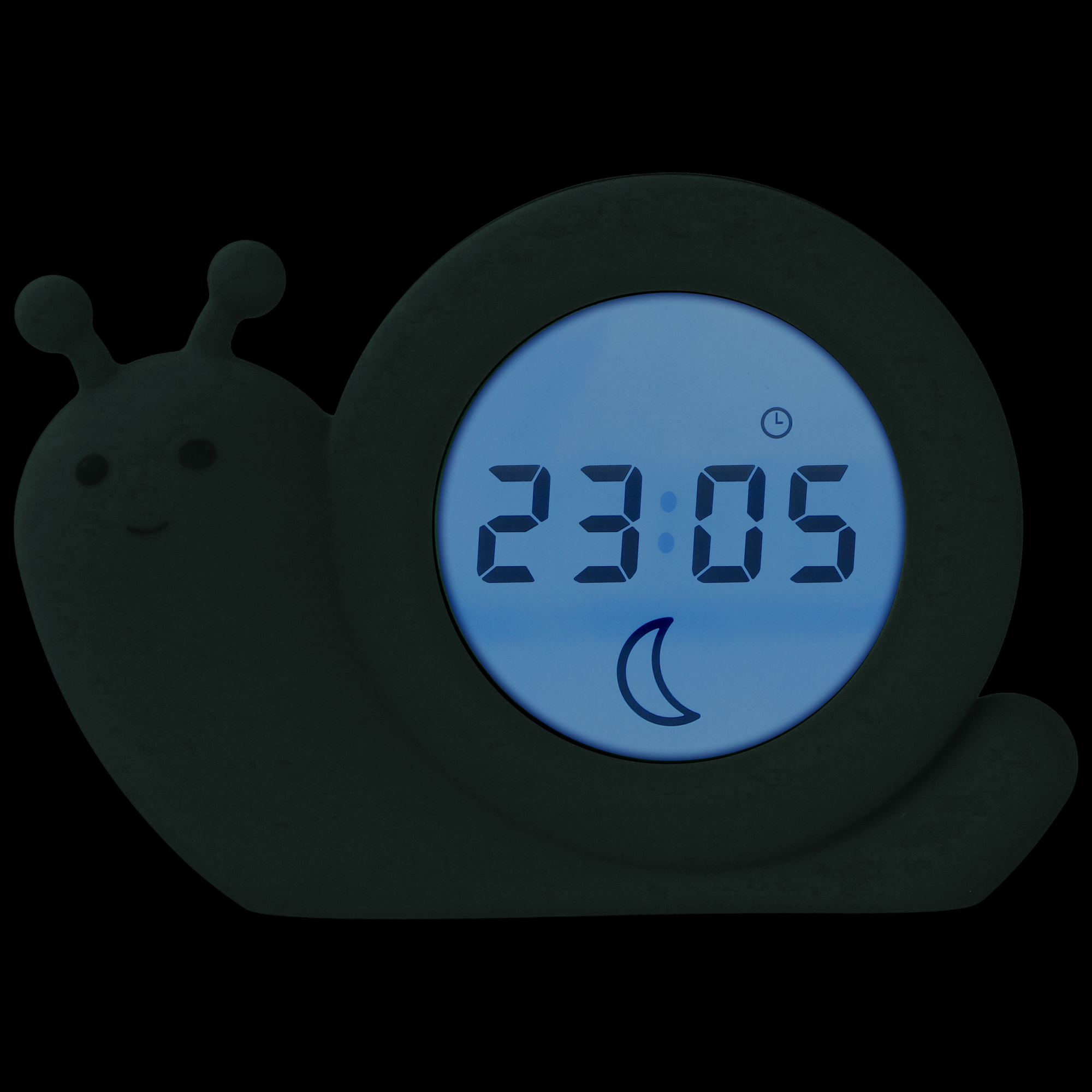Une horloge en forme d'escargot affichant 23:05 en lumière bleue sur fond noir.