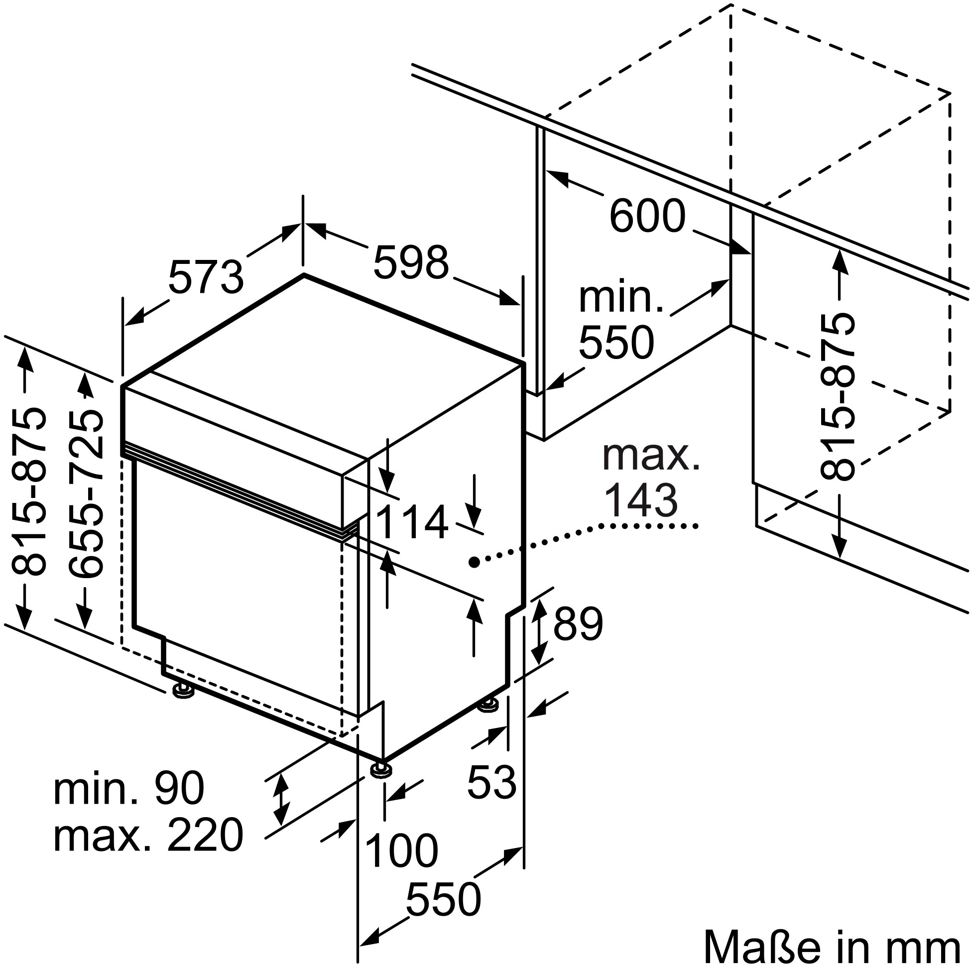 Diagramm zeigt Abmessungen eines Geschirrspülers für die Installation.