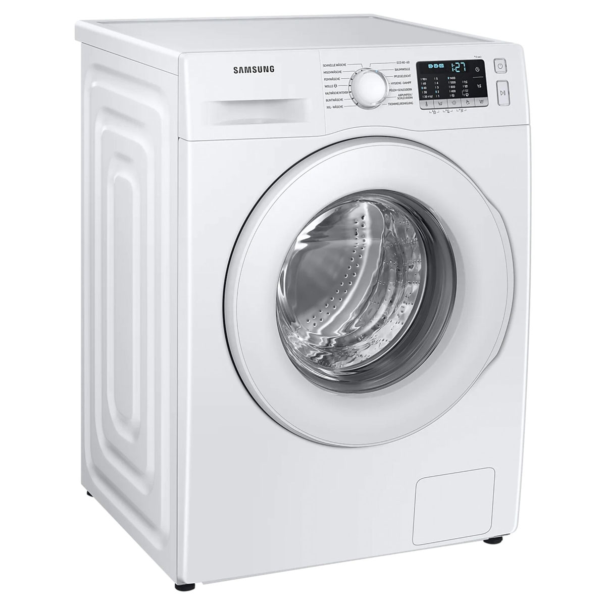 Weiße Samsung Waschmaschine. Die Maschine hat eine runde Tür und Bedienfeld oben.
