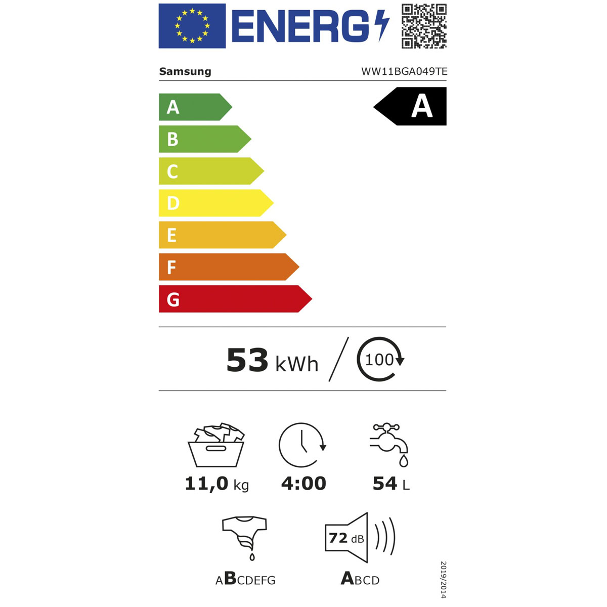 Energielabel zeigt die Energieeffizienzklasse A für eine Samsung Waschmaschine. Weißer Hintergrund.