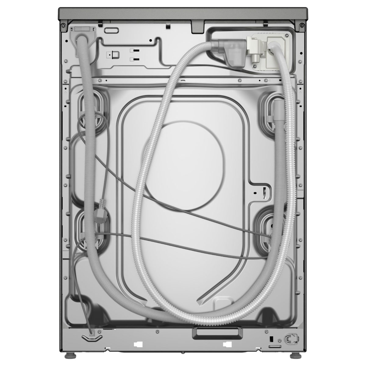 Achterkant van een wasmachine met slangen en interne componenten zichtbaar.