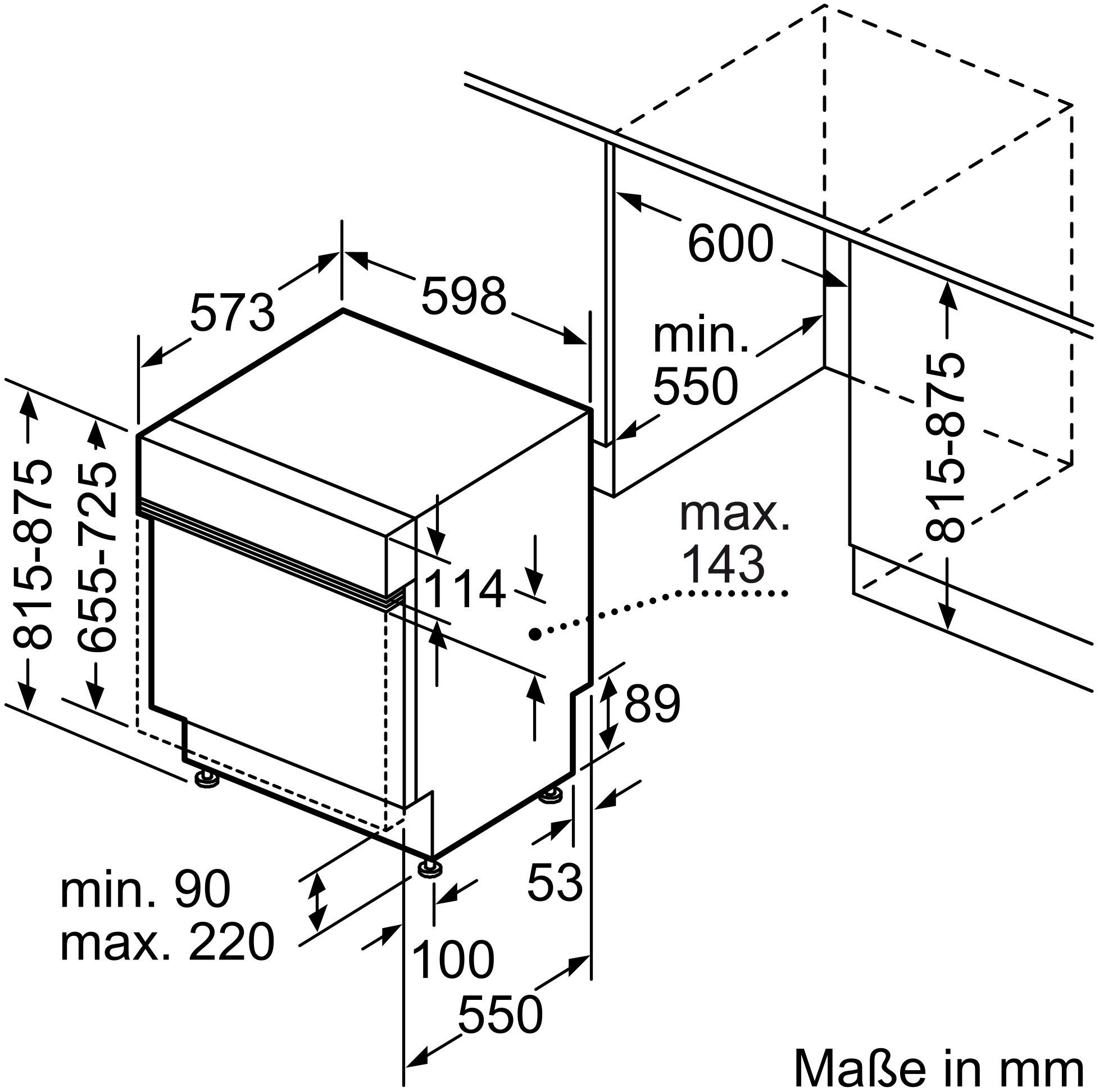 Diagramm eines Geschirrspülers mit Abmessungen in Millimetern und dem Einbauraum.