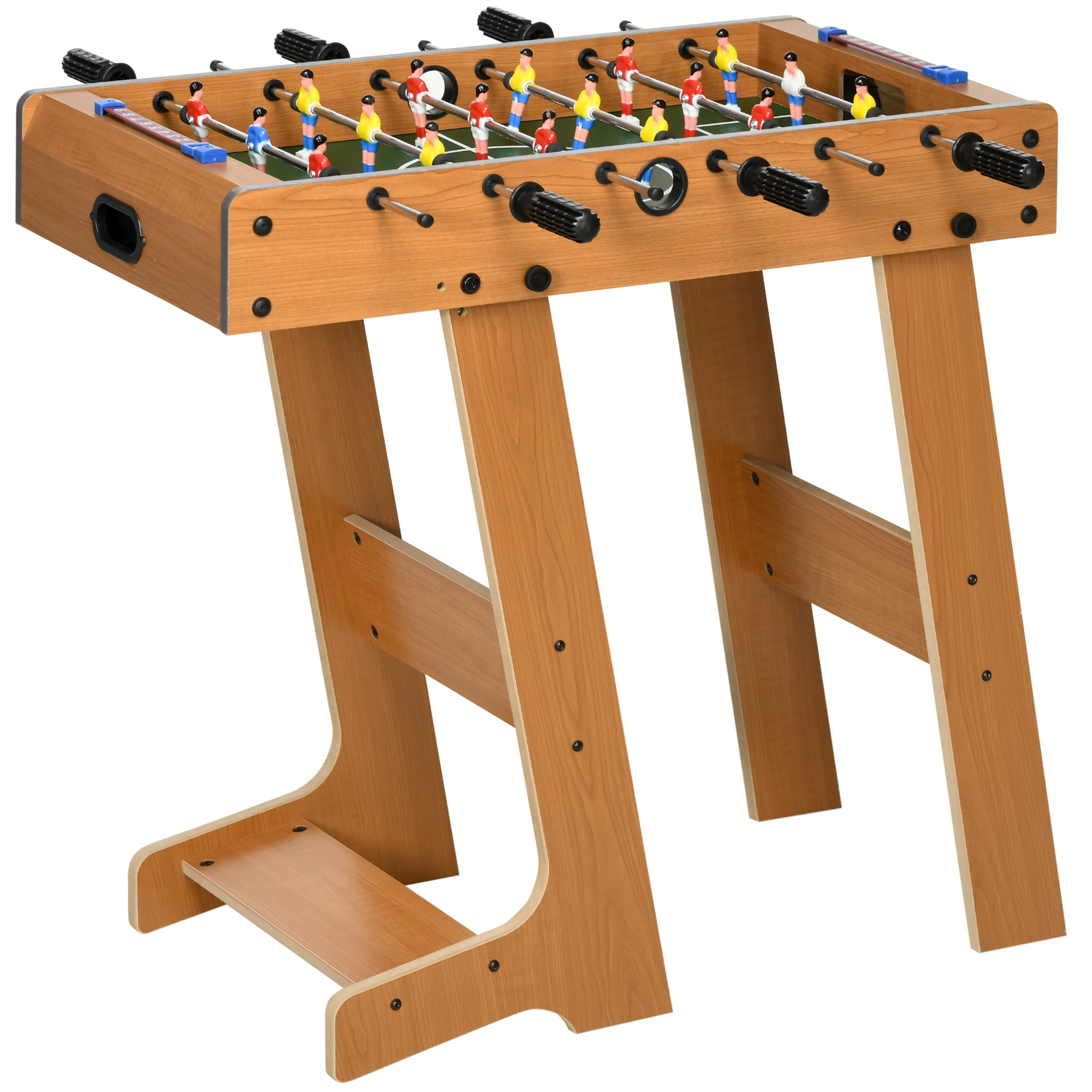 Un tavolo da biliardino in legno con giocatori rossi, gialli e blu. Ha gambe e maniglie in legno.