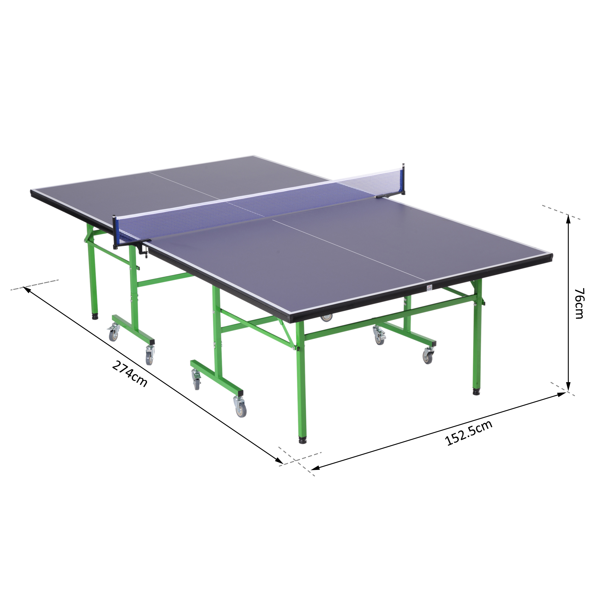 Un tavolo da ping pong blu e nero con dimensioni mostrate. La rete è al centro, e il tavolo su gambe verdi.