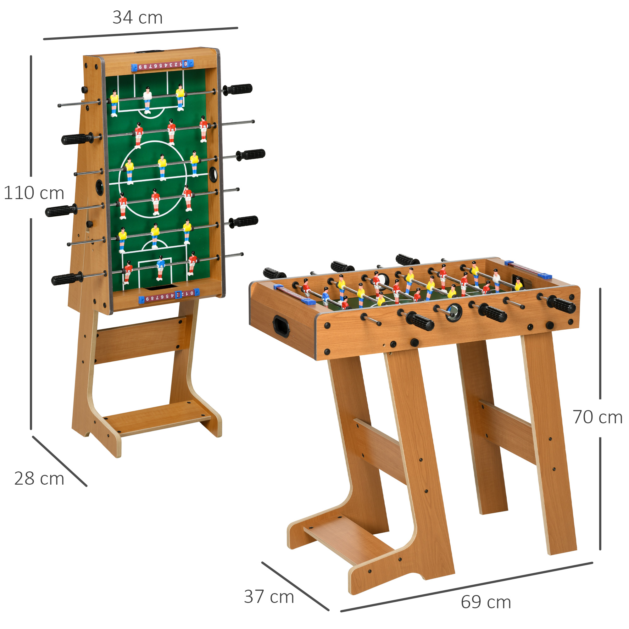 Due tavoli da biliardino, uno verticale, uno orizzontale. Le dimensioni sono indicate in centimetri sui tavoli.