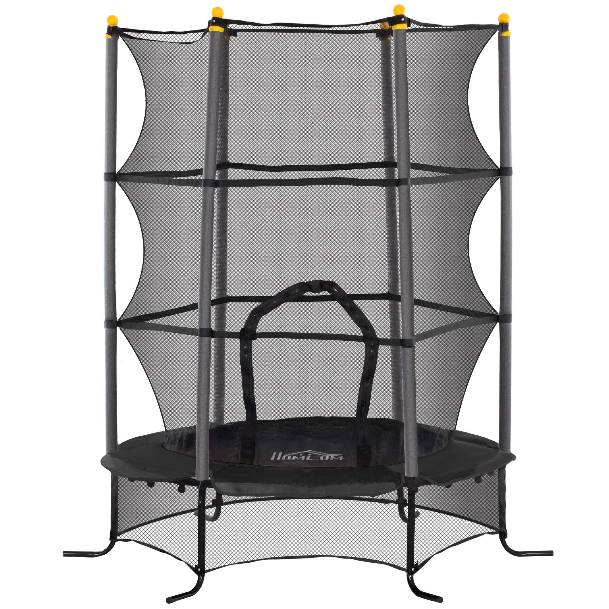 Un trampolino nero con rete di sicurezza, rete nera e pali grigi con punte gialle.