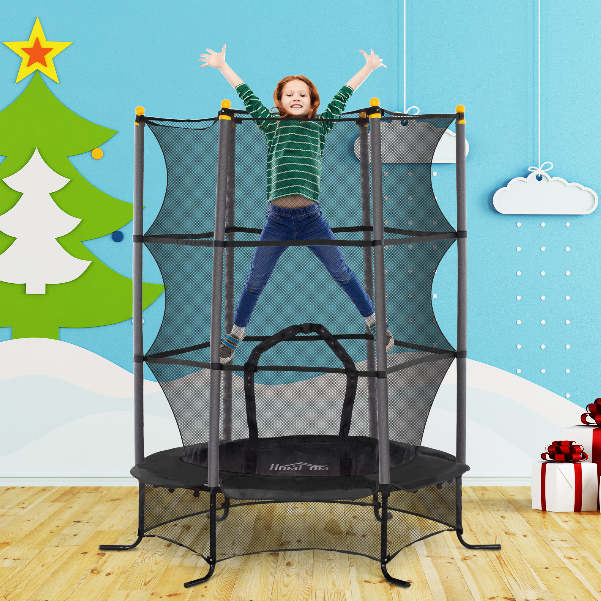 Bambino che salta su un trampolino con tappeto nero e rete di sicurezza nera, con dimensioni.
