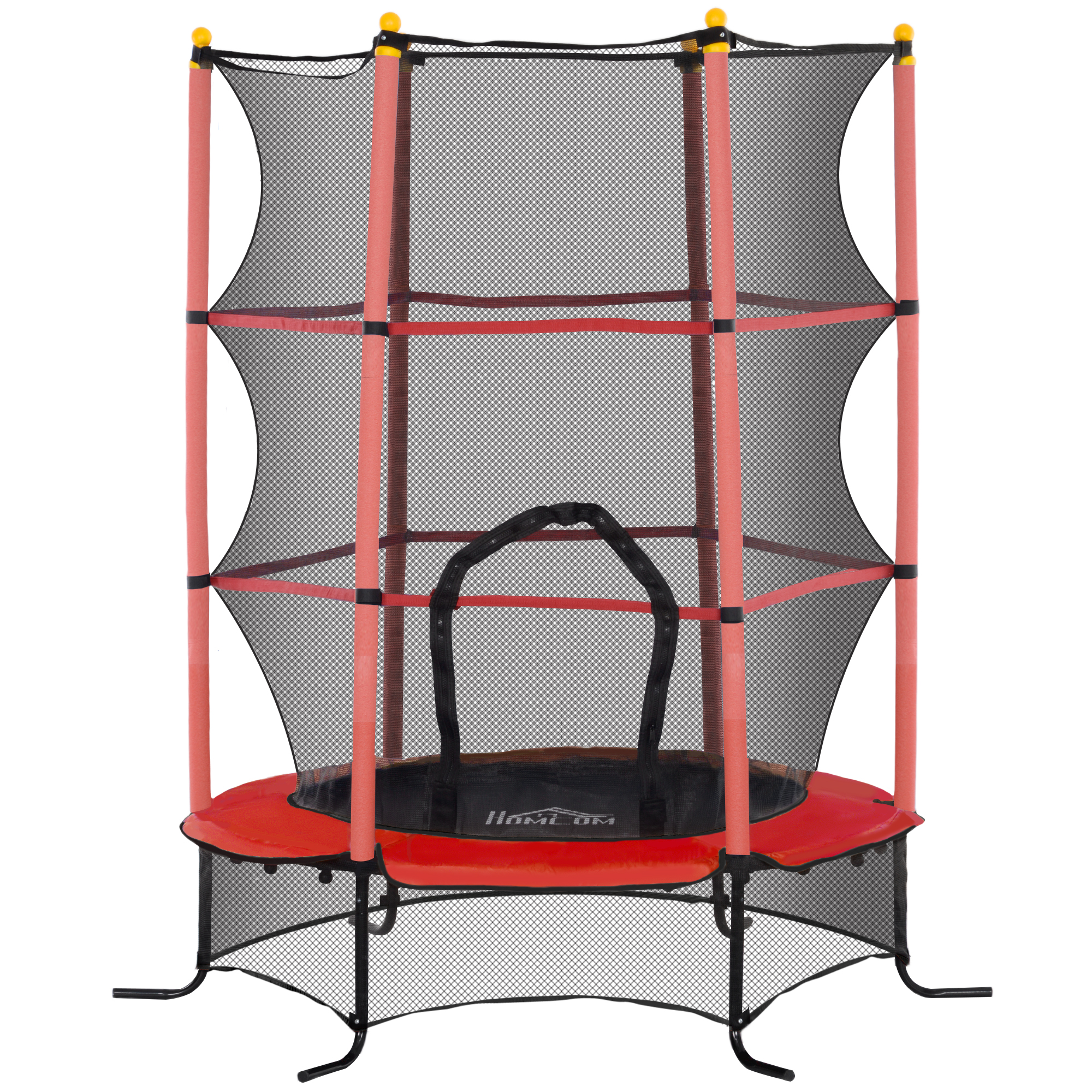 Un trampolino rosso e nero con una rete di sicurezza. I pali sono rossi e la superficie di salto è nera.