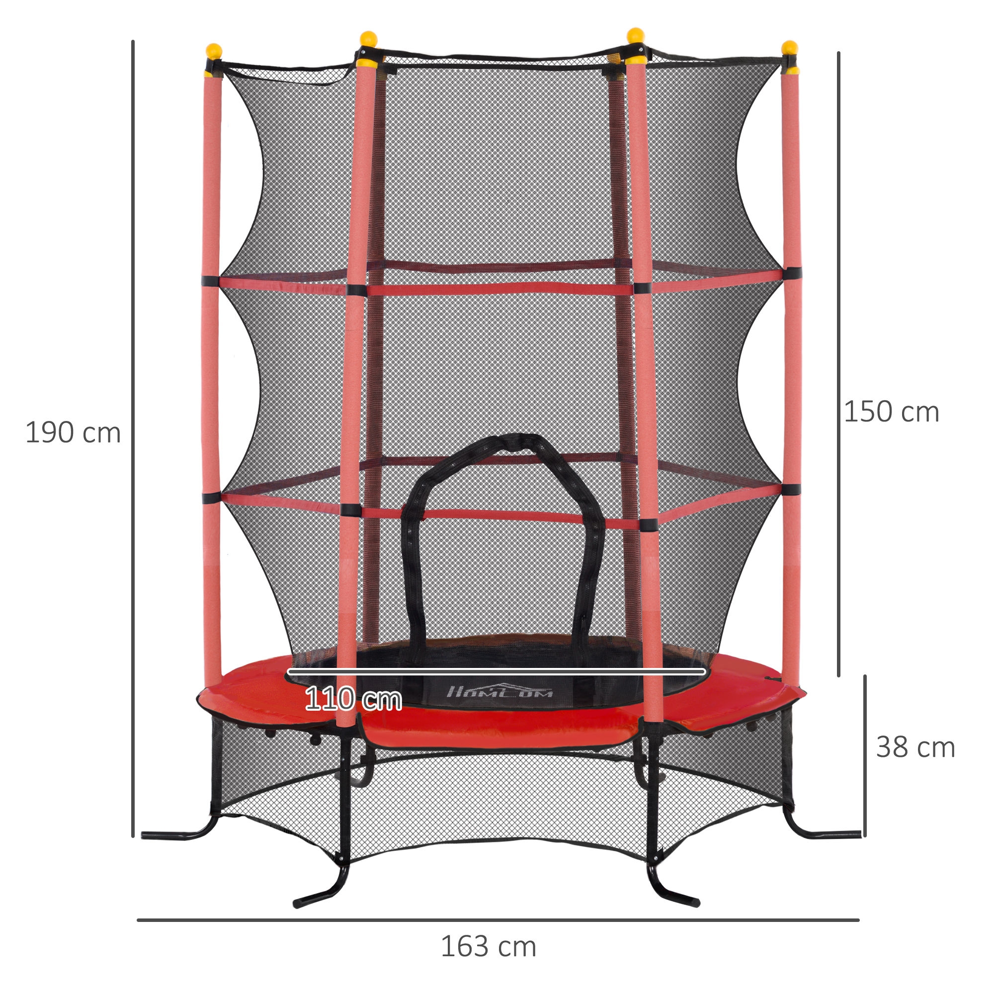 Un trampolino rosso e blu con misure visibili: 190 cm di altezza, 150 cm di altezza e 108 cm di diametro.