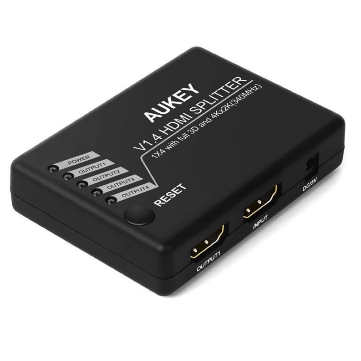 Ein schwarzer AUKEY HDMI-Splitter mit Strom- und Ausgangsanzeigen sowie Eingangs-/Ausgangsanschlüssen.