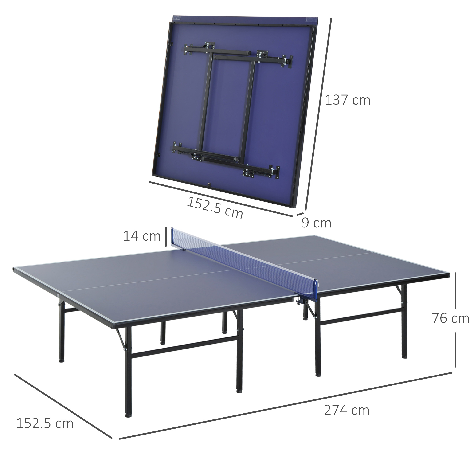 Tavolo da ping pong blu con misure. Un tavolo è ripiegato.