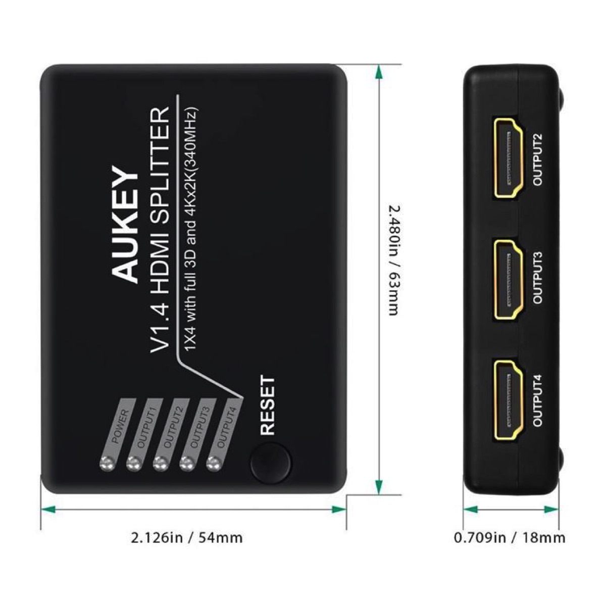 Ein schwarzer HDMI-Splitter. Die Vorderseite hat Knöpfe, die Seite HDMI-Anschlüsse.