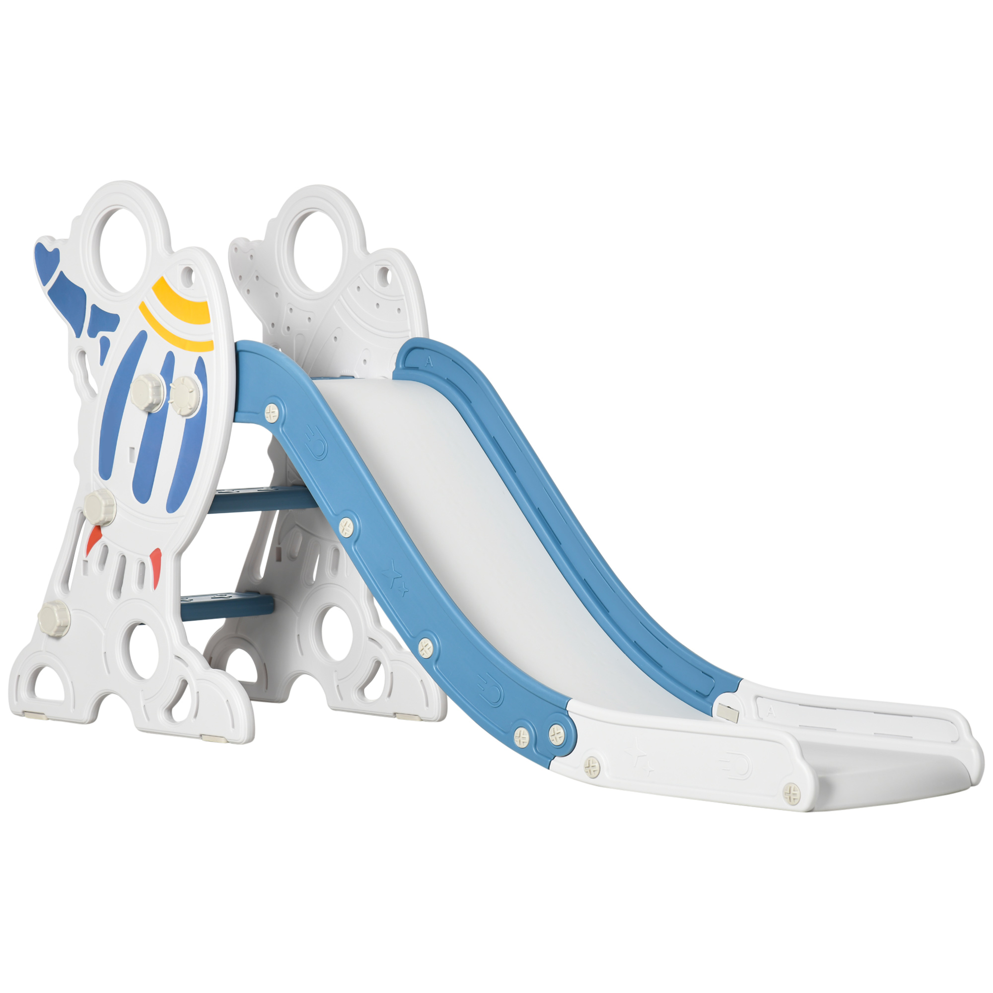 Uno scivolo bianco con accenti blu e una superficie di scorrimento bianca è mostrato su sfondo bianco.