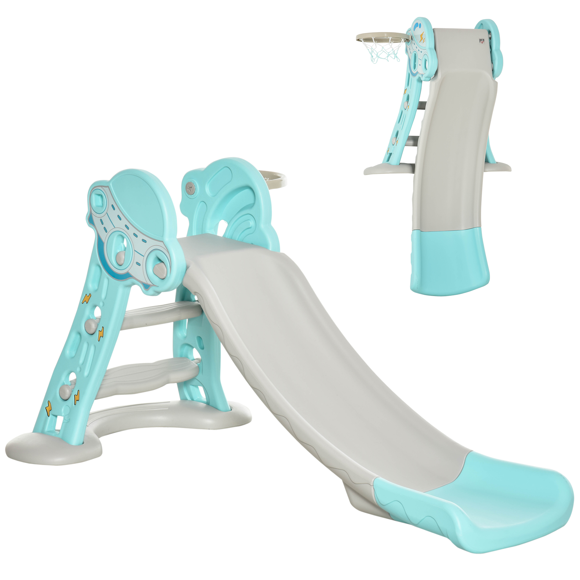 Uno scivolo blu e grigio con un canestro da basket. Lo scivolo è su sfondo bianco.