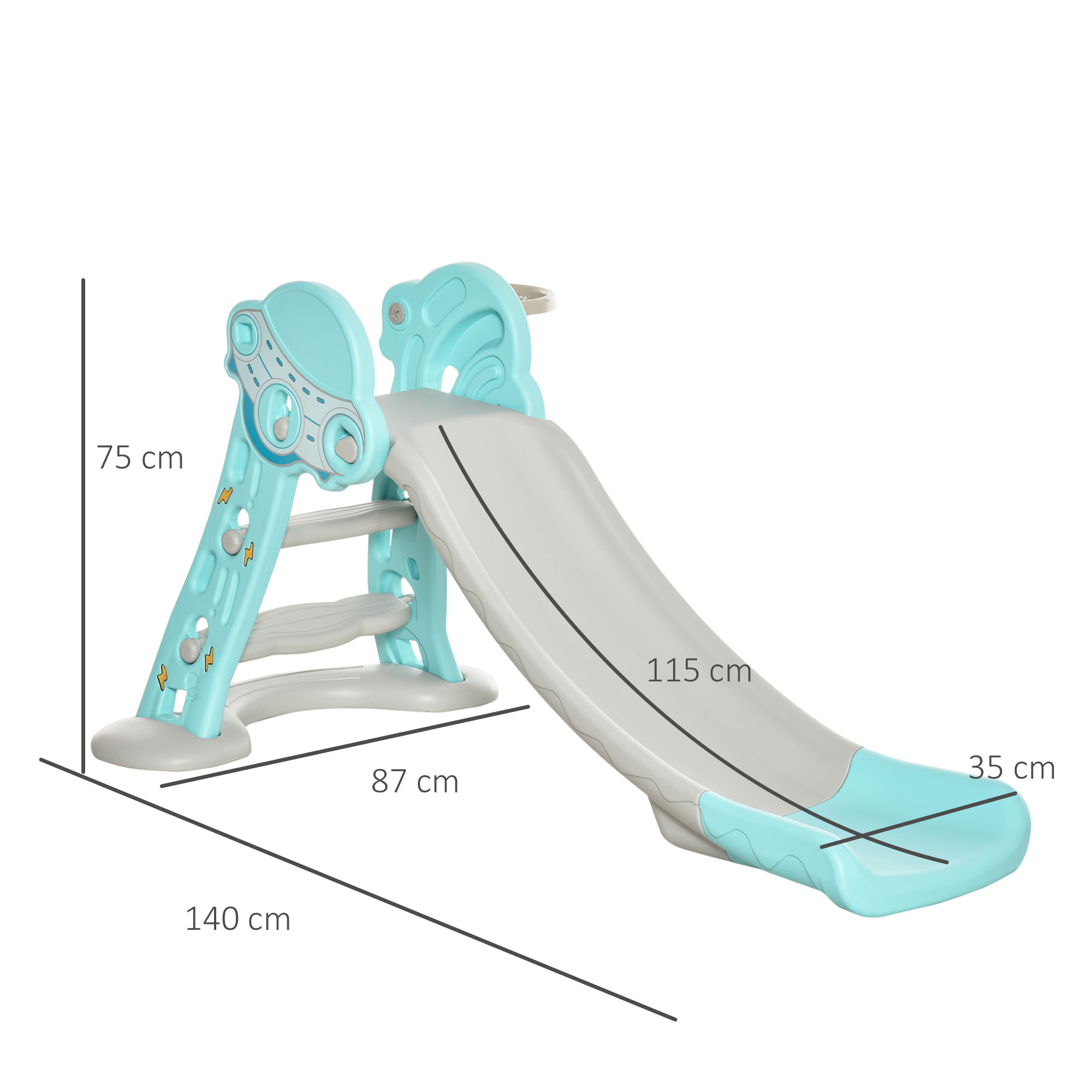 Scivolo blu e grigio con dimensioni etichettate. Lo scivolo è angolato e ha una scala.
