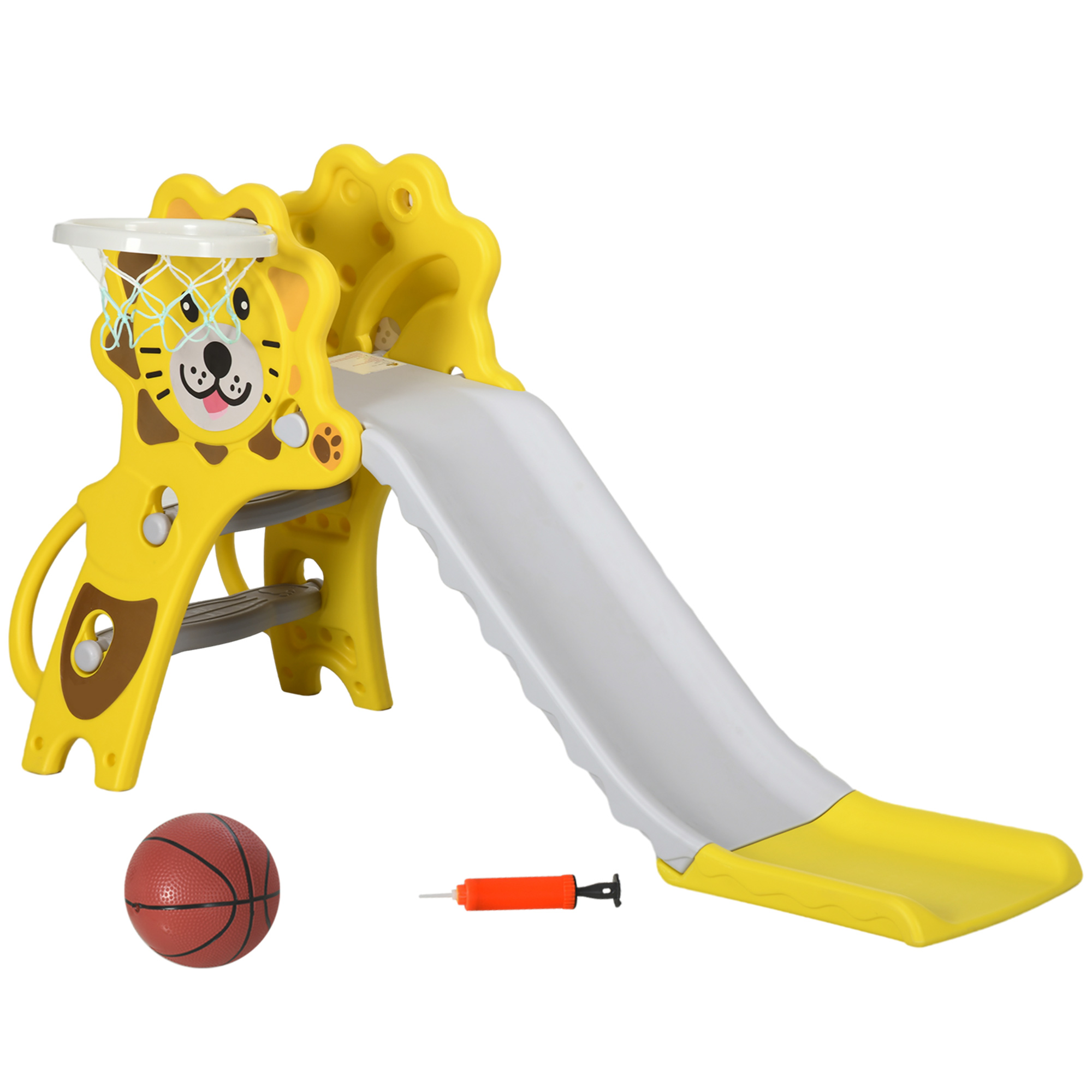 Scivolo in plastica giallo e marrone con canestro, pallone e pompa.