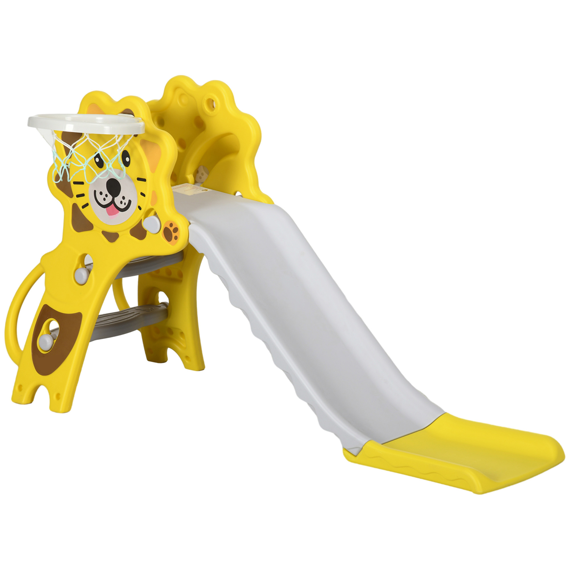 Scivolo giallo con faccia di leone. Scivolo grigio. Sfondo bianco. Gioco di arrampicata a forma di leone.