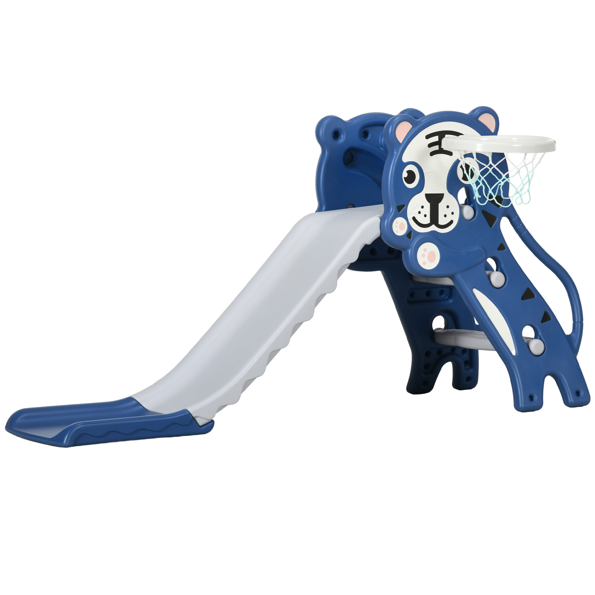 Scivolo a tigre blu con scivolo bianco e canestro da basket. Ha una faccia di tigre.